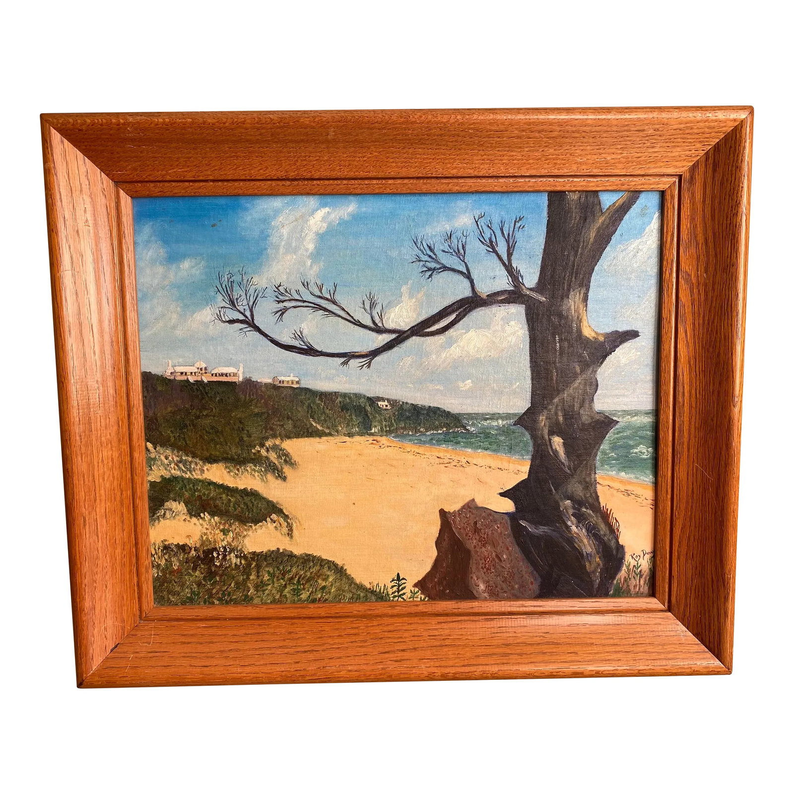 Mid 20th Century Bahama Beach Scene Oil Painting, Framed: Charming vintage painting of the Bahamas. Oil on panel measures 16" x 20". With the nice original oak frame, measures 21" x 25". Signed, and with exhibition label. Condition: Alterations: Original Con