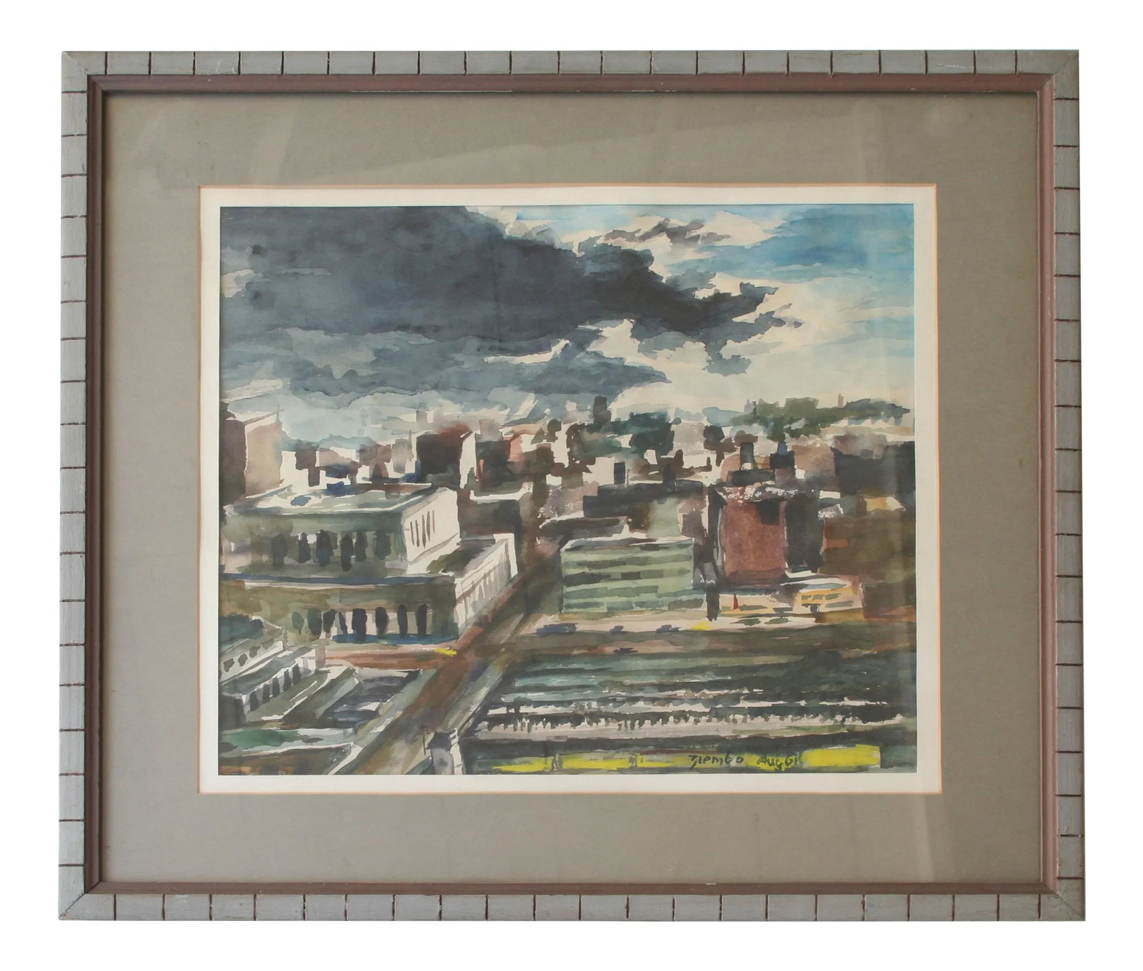 Vintage Cityscape Watercolor Painting: An original, vintage, and beautifully painted stormy and dramatic cityscape. Signed illegibly lower right. Displayed in a wood frame. There are no marks on the mat, that's just a reflection in the