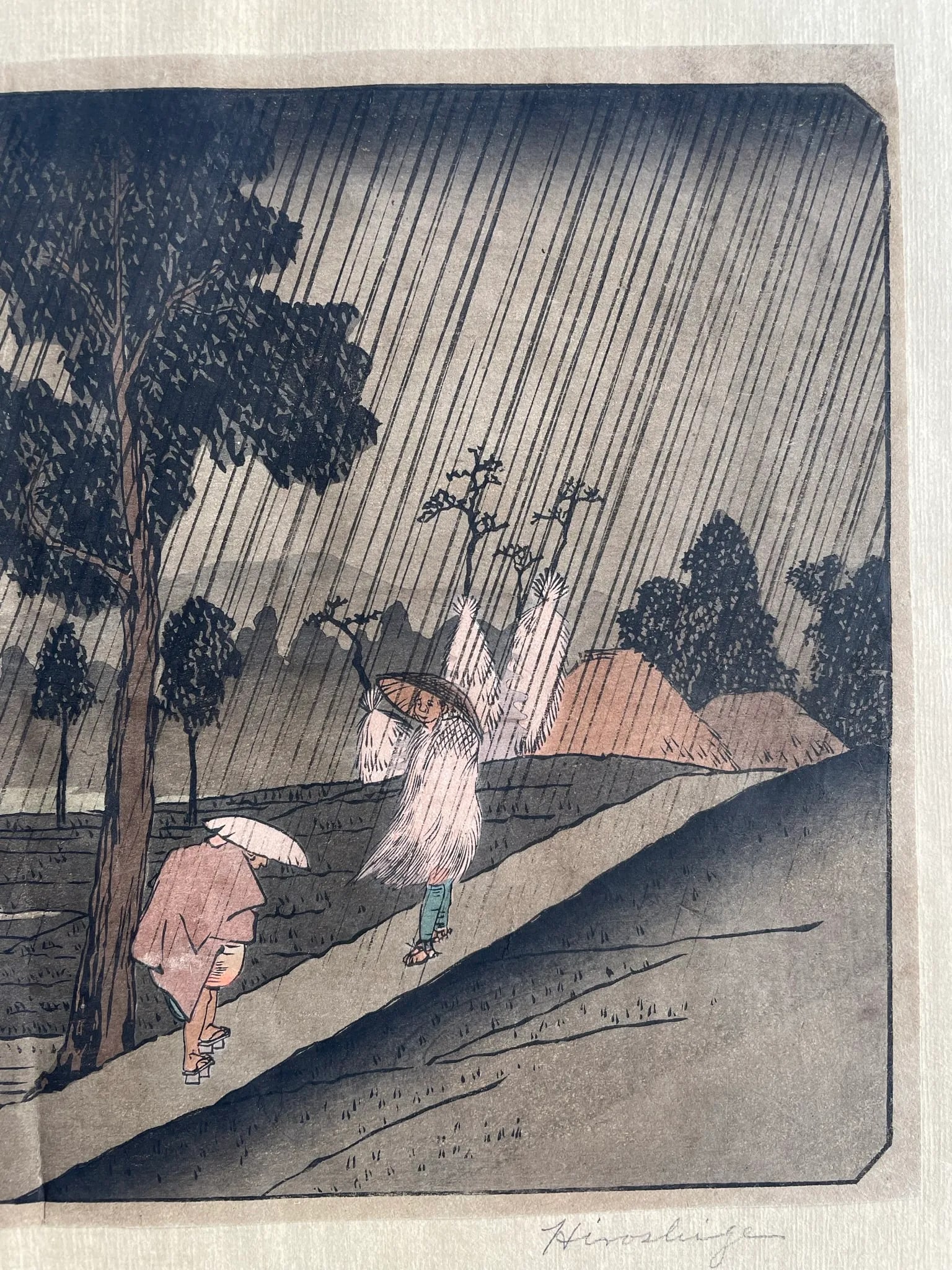 Night Rain at Kolzumi. An Early 19th Century Color Woodblock Print by Utagawa Hiroshige - 3