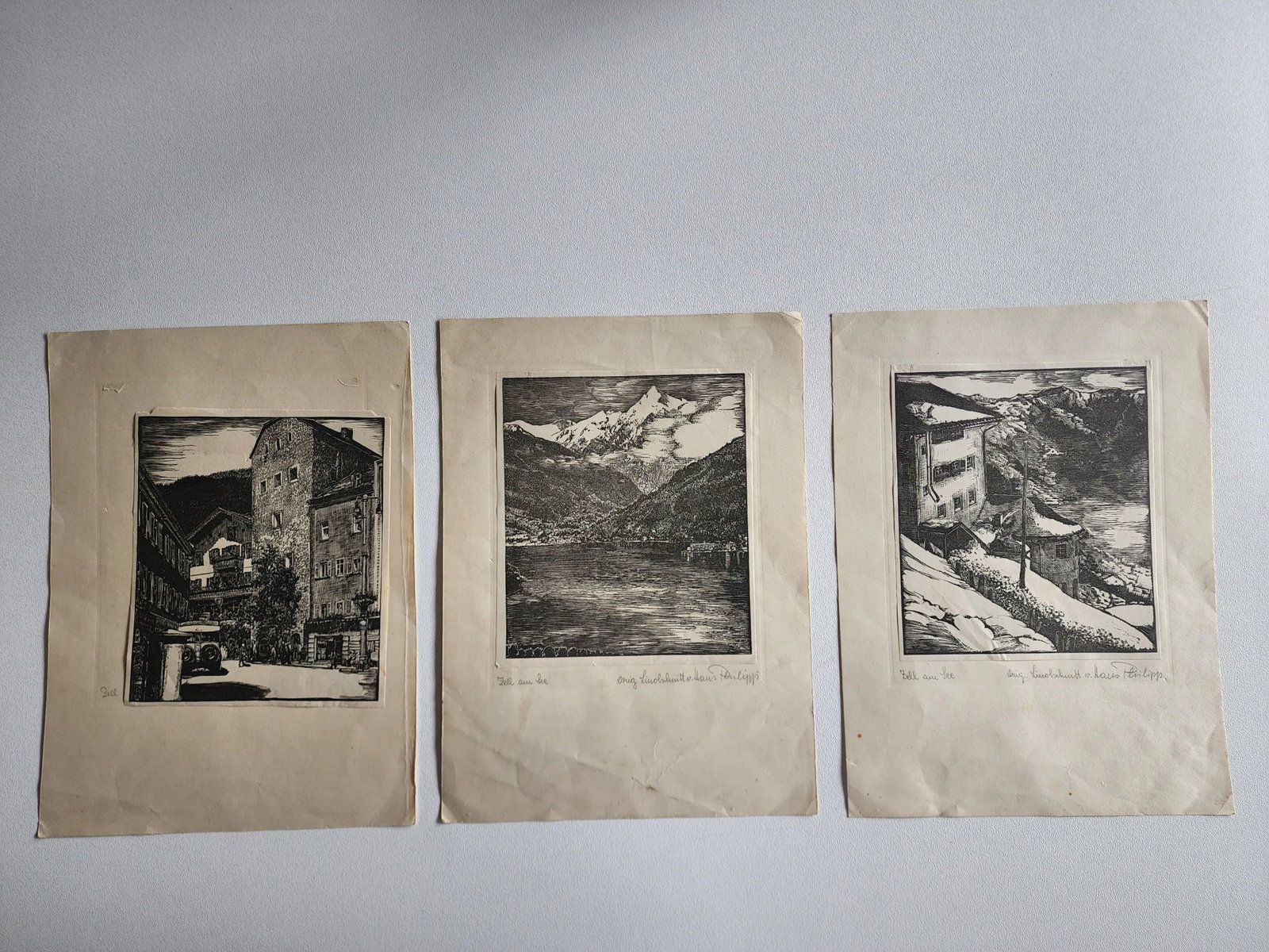 Mid 20th Century Set of 3 Linocut Prints depicting Scenes of Zell Am See Austria by Hans Philipp - 11