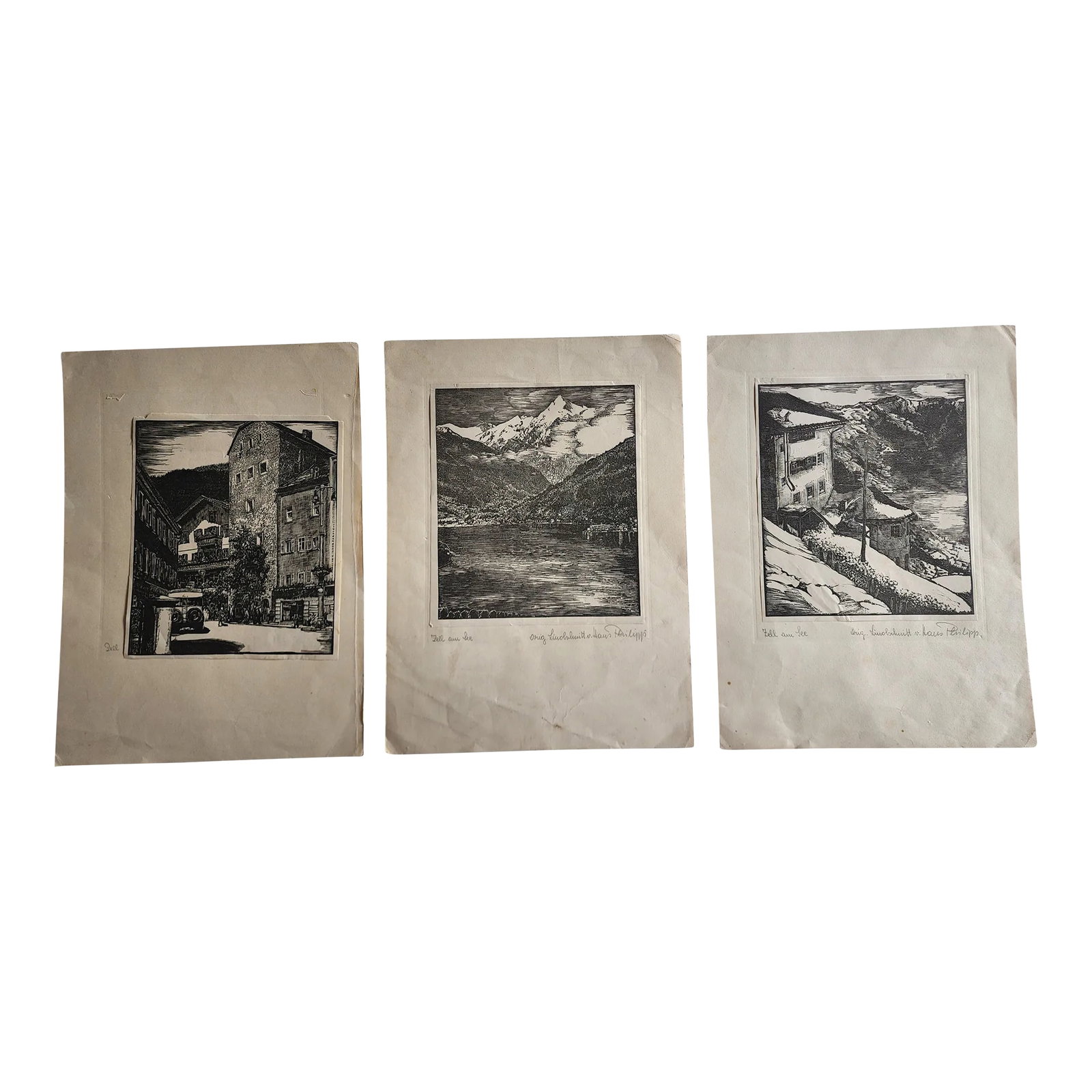 Mid 20th Century Set of 3 Linocut Prints depicting Scenes of Zell Am See Austria by Hans Philipp: Three vintage scenic linolschmitt prints of Zell Am See Austria. Images measure 7.5 x 6.5 inches. They are mounted on 9.5 x 13 inch backing paper. Condition: Alterations: Original Condition Unaltered