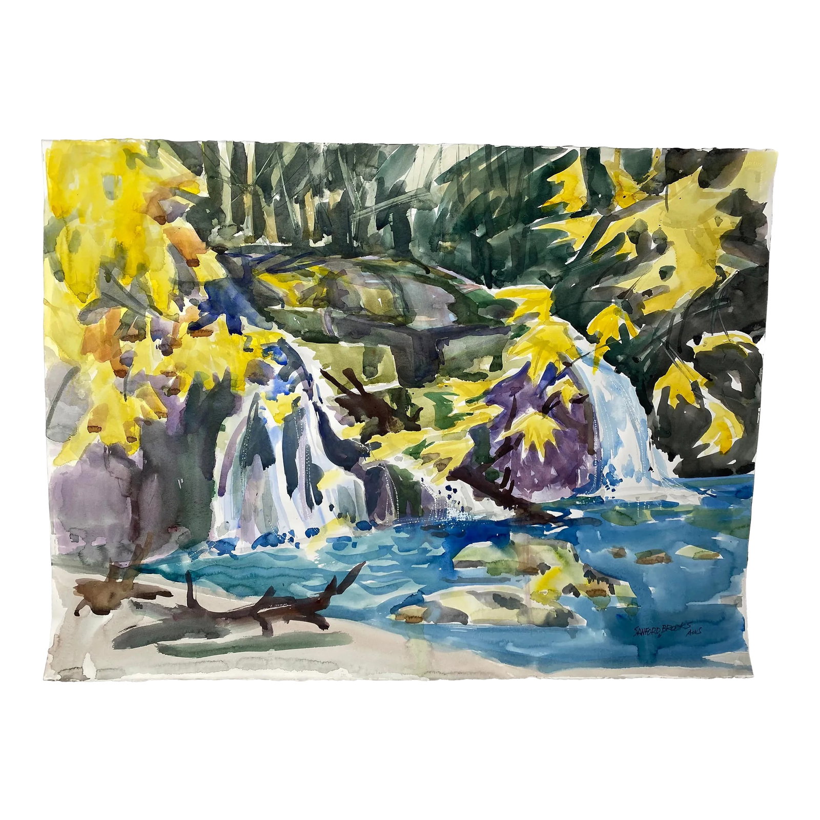 Late 20th Century Forest Landscape with Waterfall Watercolor Painting by Sanford Brooks: Lovely large scale watercolor of expressionist woodland waterfall painted with an experts hand in transperancy and color. Highly popular watercolorist Sanford (Samp) Brooks (1915-1994), a long time