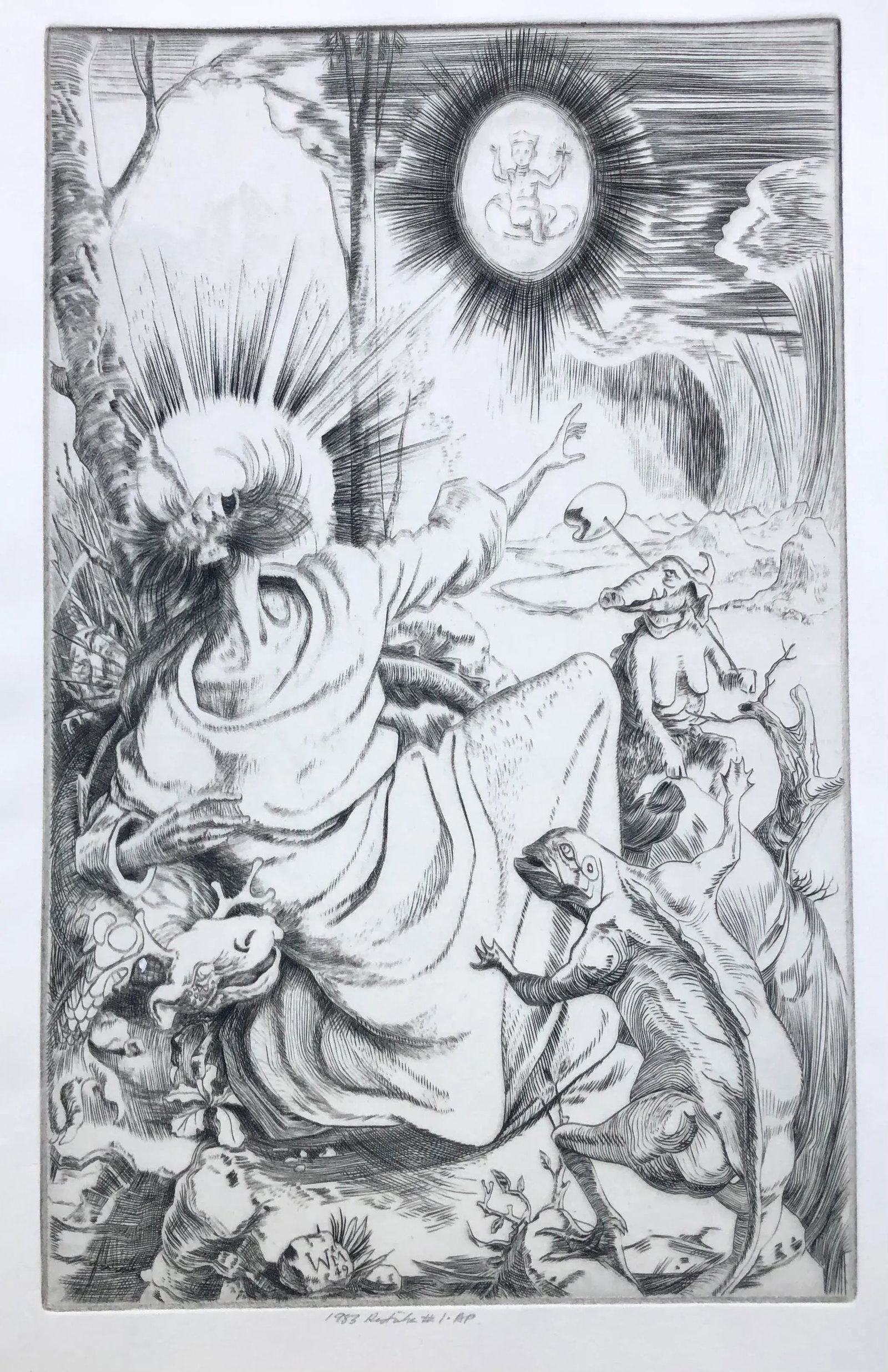 1983 Figurative Fantasy Artist's Proof Etching: Signed or titled illegibly lower center. Numbered and editioned as Artist's Proof. Condition: Alterations: Original Condition Unaltered Imperfections: Some Imperfections Condition Notes: Overall good