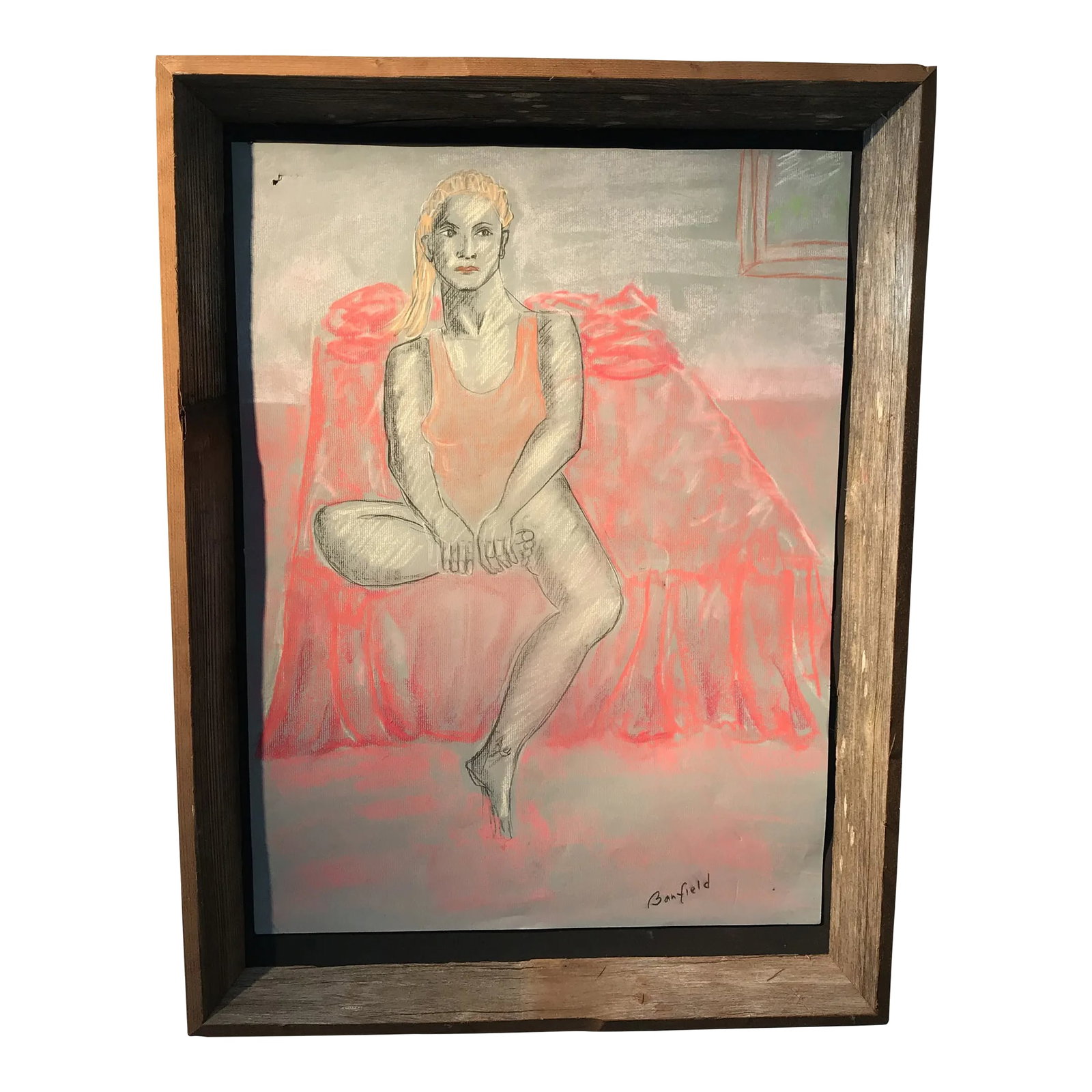 1990s Expressionist Portrait Pastel Drawing of a Sicilian Girl Signed Banfield, Framed: A Lovely pastel / portrait of a Sicilian girl capturing the image of a thought process as we know it. The piece offers an abundance of vibrant colors of pinks, orange, red, gray, black, green, and