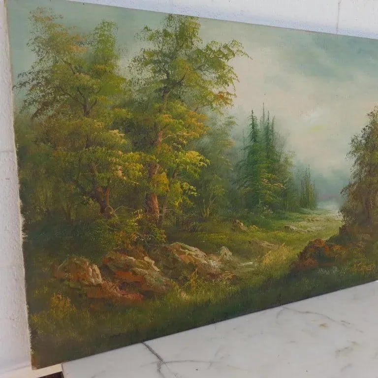 1970s Forest Landscape Oil Painting on Canvas by Irene Cafieri - 7