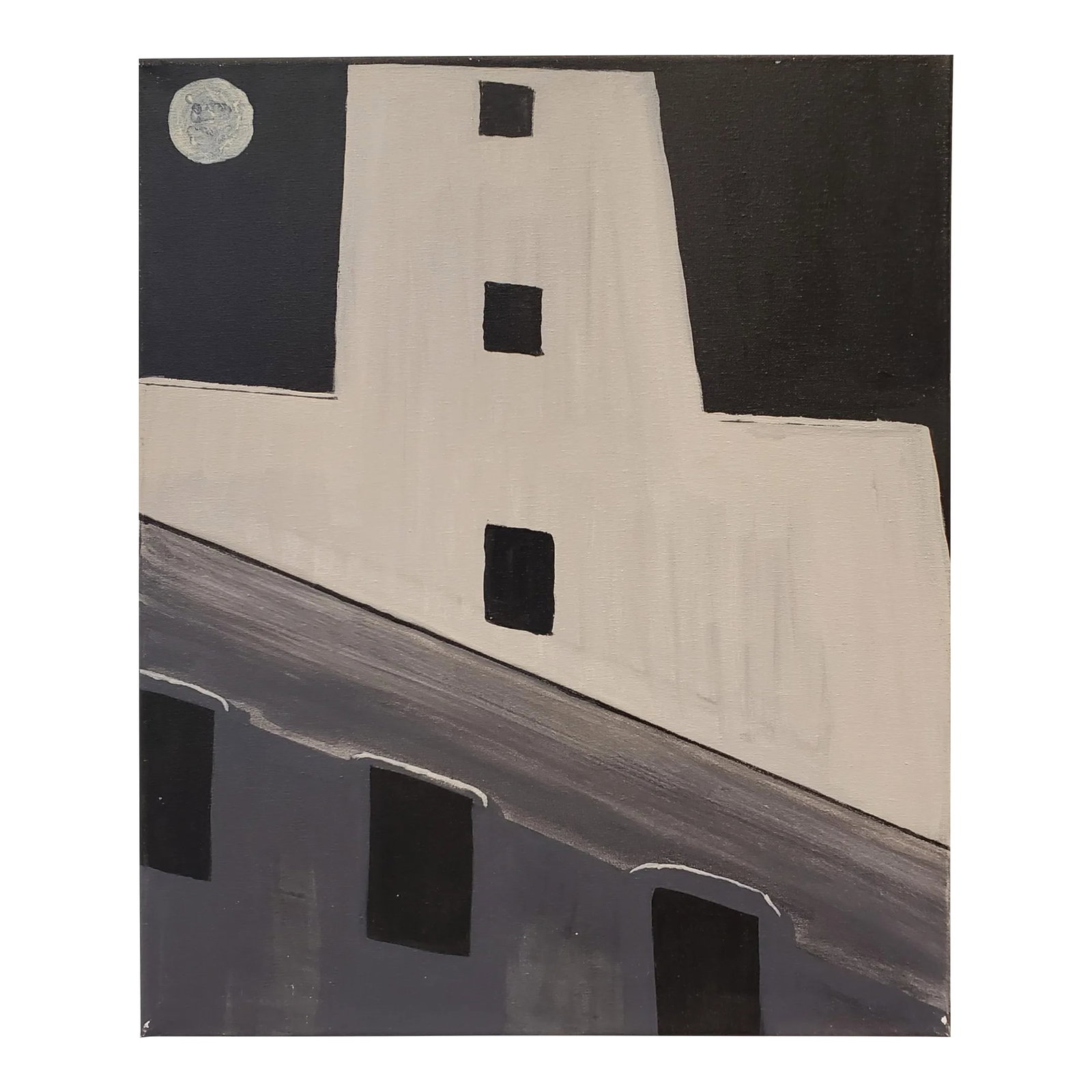 Contemporary Painting of Old Silo Building at Night Downtown Dallas: Painting of old silo building in downtown Dallas on a moonlit night by artist Lionel Lamy. Acrylic paint on canvas. Measures 20" high x 16" wide. Signed on back Condition: Imperfections: No