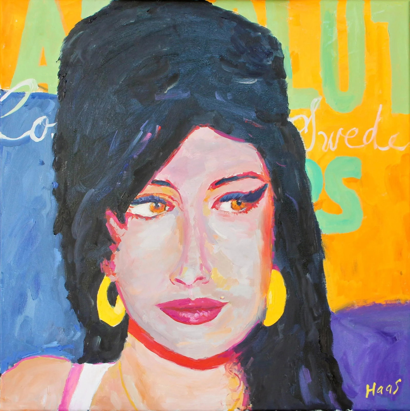 Modern Portraiture "Cat Eyes" Pop Art Portrait (Original Oil on Canvas): Modern Narratives - Original Portrait Original oil painting by L Haas, 24 x 24 unframed canvas, signed. Bold color and expressive brushwork bring personality and life to the portrait. Unframed. Tags: