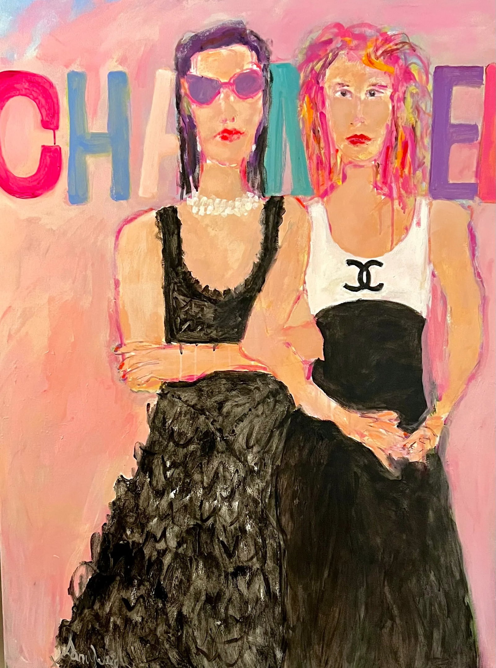 Hello Chanel Contemporary Original Figurative Fashion Painting by Sandy Welch: Who doesn't love Chanel...especially if you are into fashion and art! This painting is perfect! Colorful , fashion-y and just plain FUN! All hail to CoCo Chanel!!! Condition: Imperfections: No