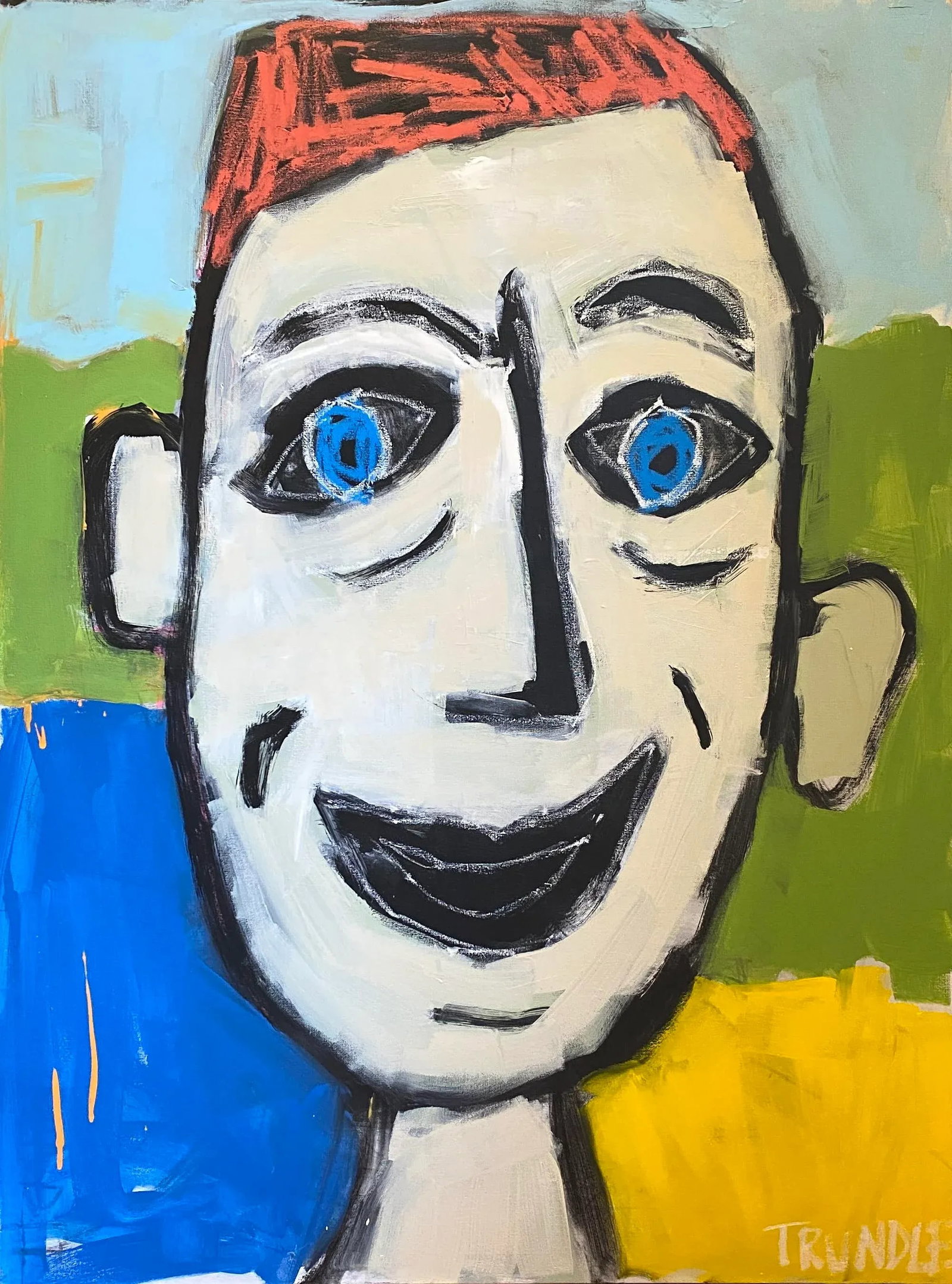 Sarah Trundle, Contemporary Abstract Figurative Painting "Red Head (Fred)": A bold, colorful, geometric, smiling face, sure to bring a little happy playfulness into any interior. 48 x 36 x 1.5 (deep profile canvas). Edges painted black, back wired, ready to hang. Condition:
