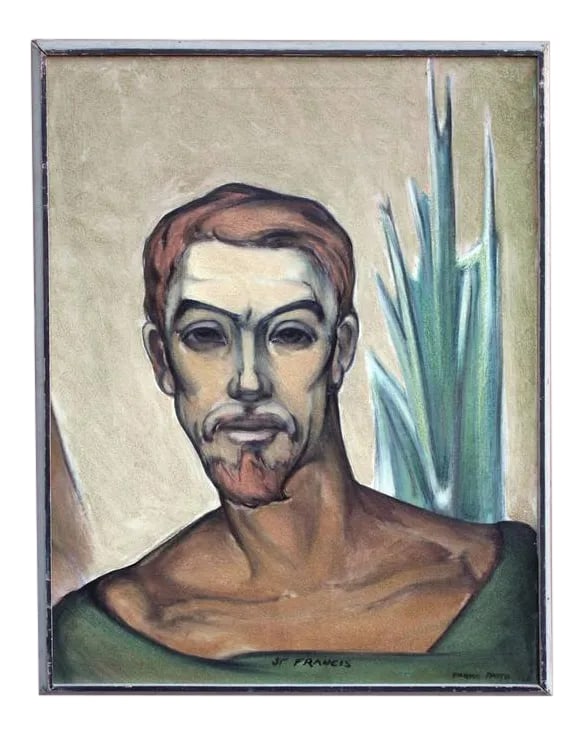 1970s "Portrait of St. Francis" Modernist Oil Painting, Framed: Oil on canvas portrait of St. Francis by Dr. Tarmo Pasto (American, 1906-1986). Dr. Tarmo Pasto was a psychiatrist and artist, who taught psychology and art through the 1970s at California State