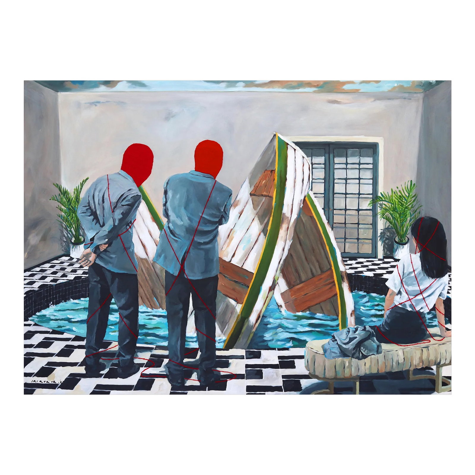 Three Row Boat Original Artwork by Iqi Qoror: Iqi Qoror's surreal figurative paintings are arresting in their earthy palettes offset by pops of fluorescent textile embroidery. His artworks revolve around questions of trust, interspersed with