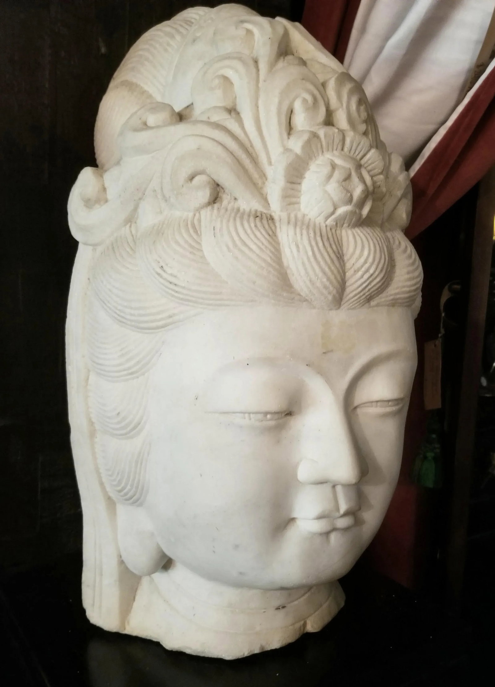 Antique Chinese Female Marble Bust with Black Wooden Pedestal - 12