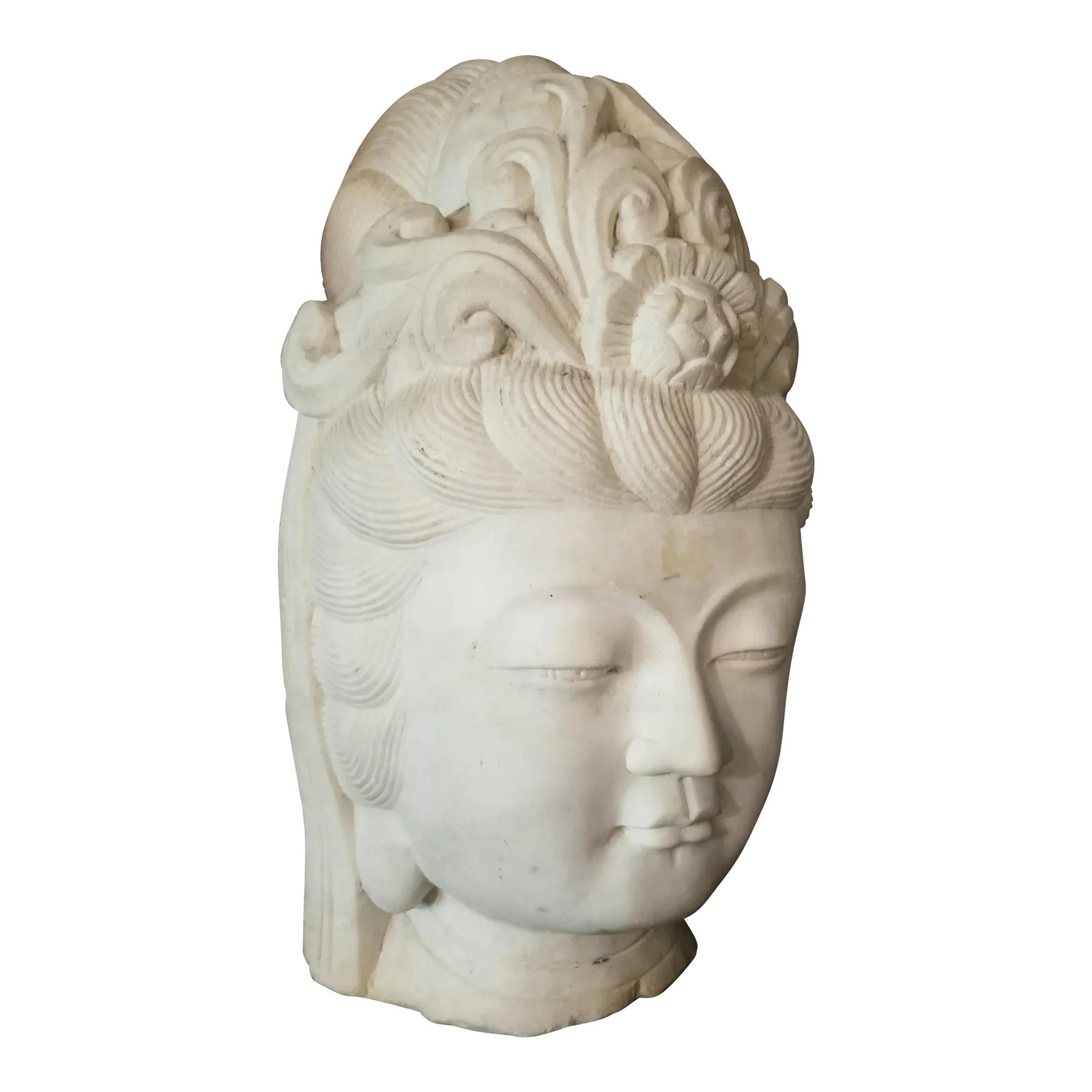 Antique Chinese Female Marble Bust with Black Wooden Pedestal: This stunningly detailed marble sculpture will take your breath away. She's carved from solid marble, shimmering with royalty. She would look fabulous under a light. Chinese, 1800s. A gorgeous stateme