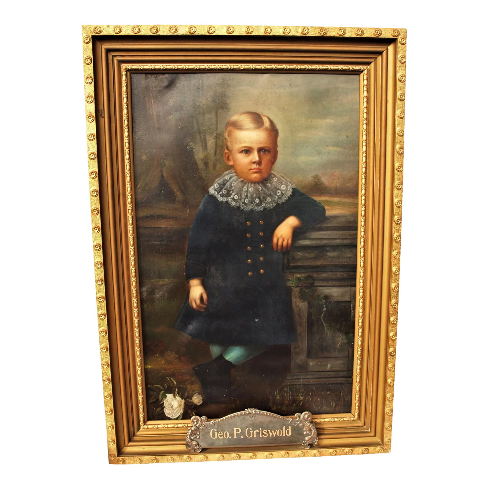 Great Antique 1890 Painting of a Child Boy Over 4 Feet Tall: A great antique painting of a child boy in period dress. Information attached to the painting indicates the portrait was painted in 1890 by Mrs. H. V. Smith. George Griswold had his house built in San
