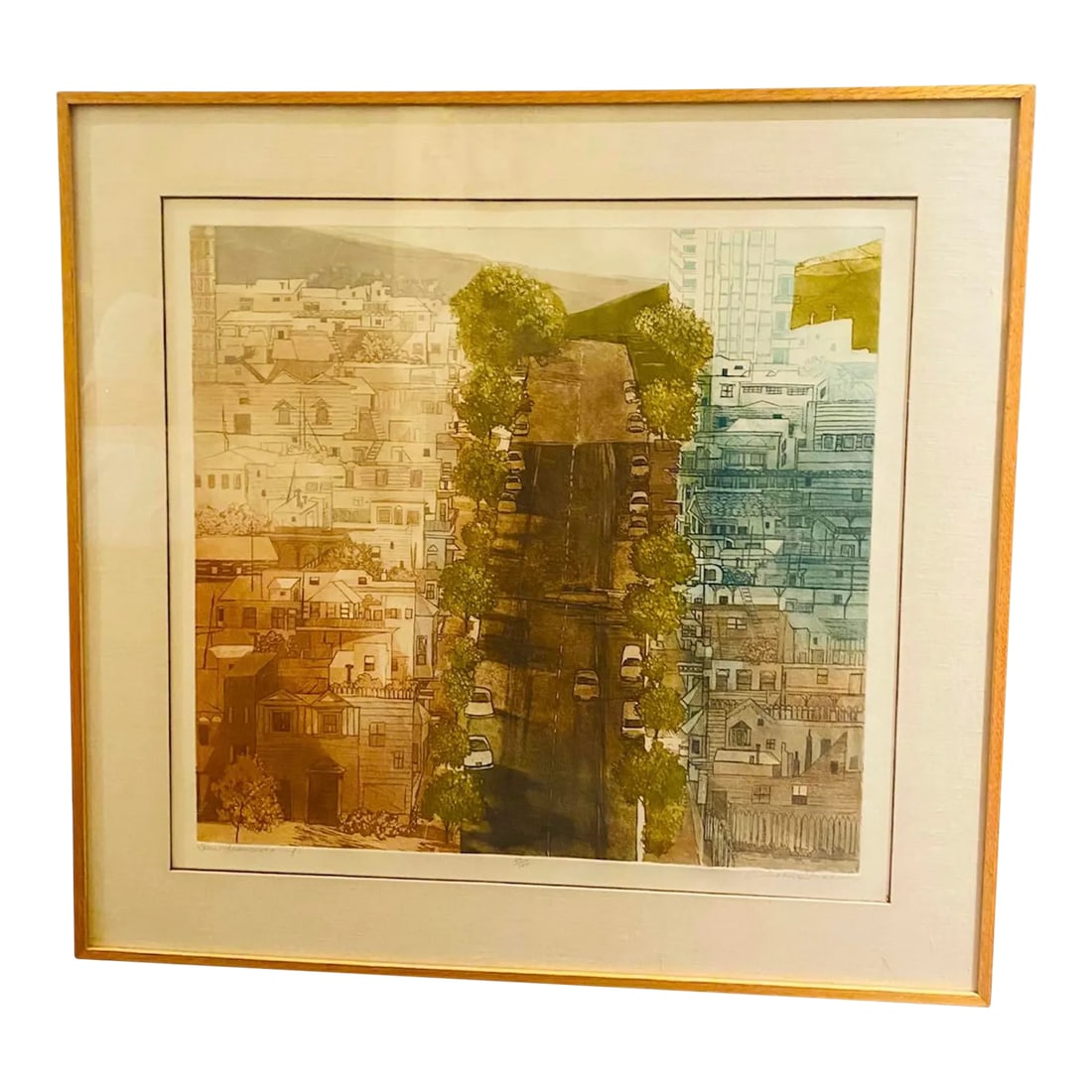 1990s San Francisco- Up Signed Rusta Groewe Numbered Serigraph Watercolor Print: This is a beautiful piece of art. You feel like you are standing at the bottom of a hill in San Francisco looking up. The turquoise and green would really pop if hung in a room with any of the colors