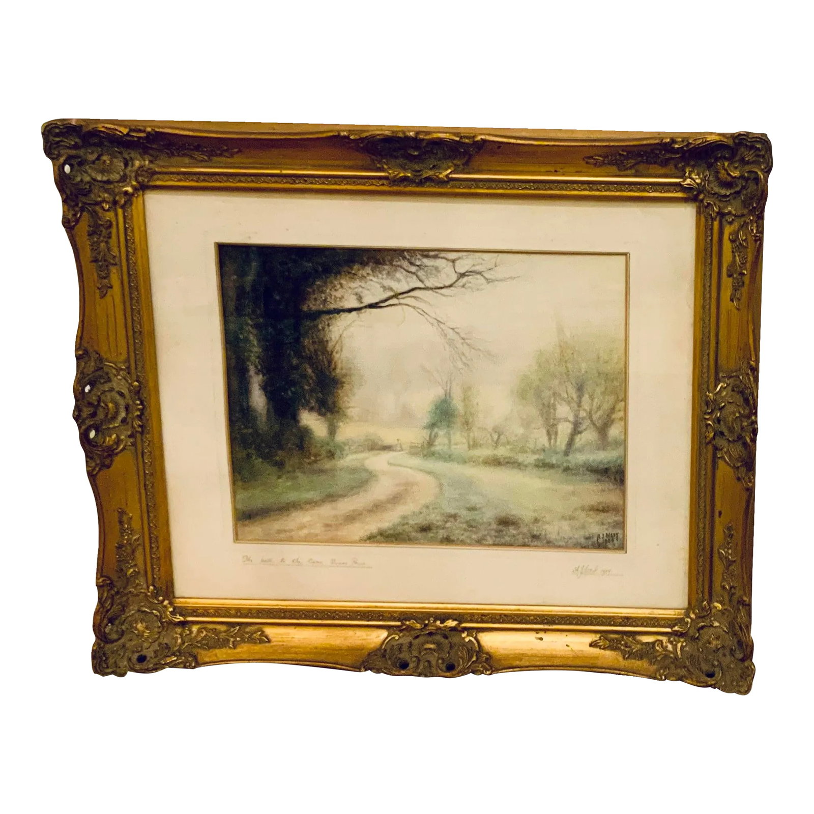 The Path a.j. West Signed Watercolor Painting: Beautiful and serene "The Path" A.J. West Signed Watercolor Painting, custom framed in an ornate gold Graeme with mat, glass, and fillet, circa mid 1900's Condition: Alterations: Original Condition Un