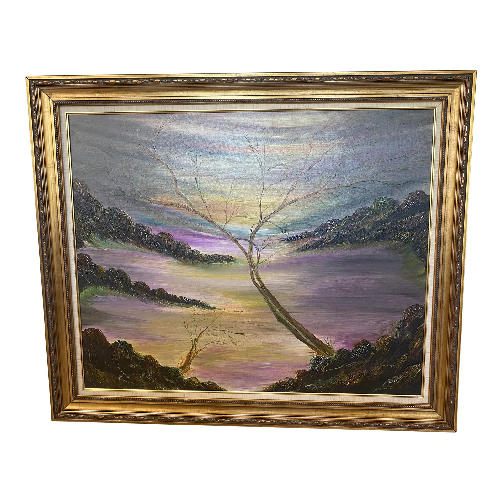 Vintage Contemporary Minimalist Tree and Landscape Oil Painting Signed by Raua 1983: Fantastic Vintage Surrealist Tree and Landscape Oil Painting Signed by Raua 1983. The artist depicts a beautiful landscape with a struggling tree using purple, green, yellow, and blue. This painting