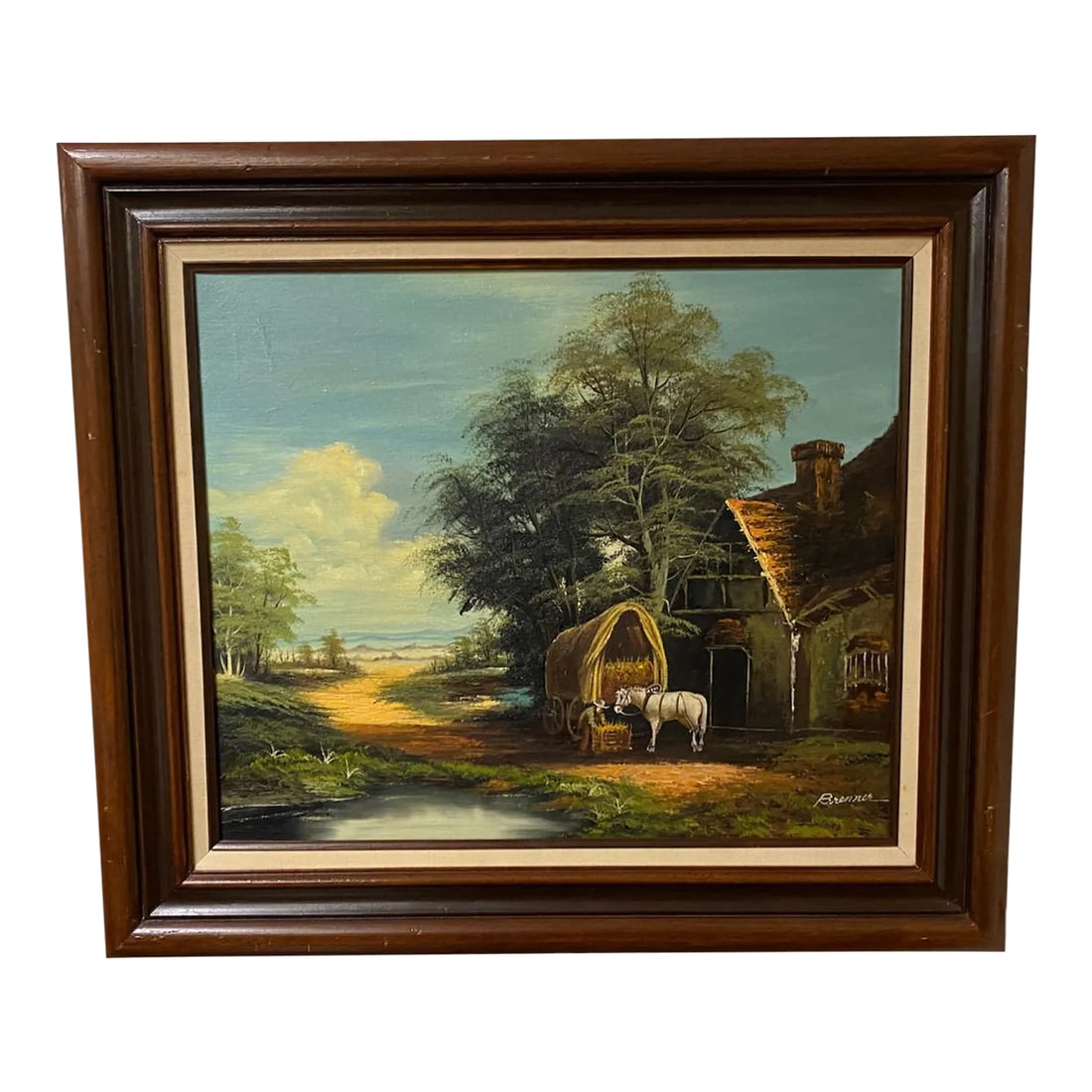 Mid 20th Century Brenner Signed Pastoral Landscape Framed Oil Painting: Beautiful 20th Century oil painting signed Brenner of a pastoral landscape with a horse, wagon, pond, house/barn, field and sky. Condition: Alterations: Unknown Imperfections: Some Imperfections Condi