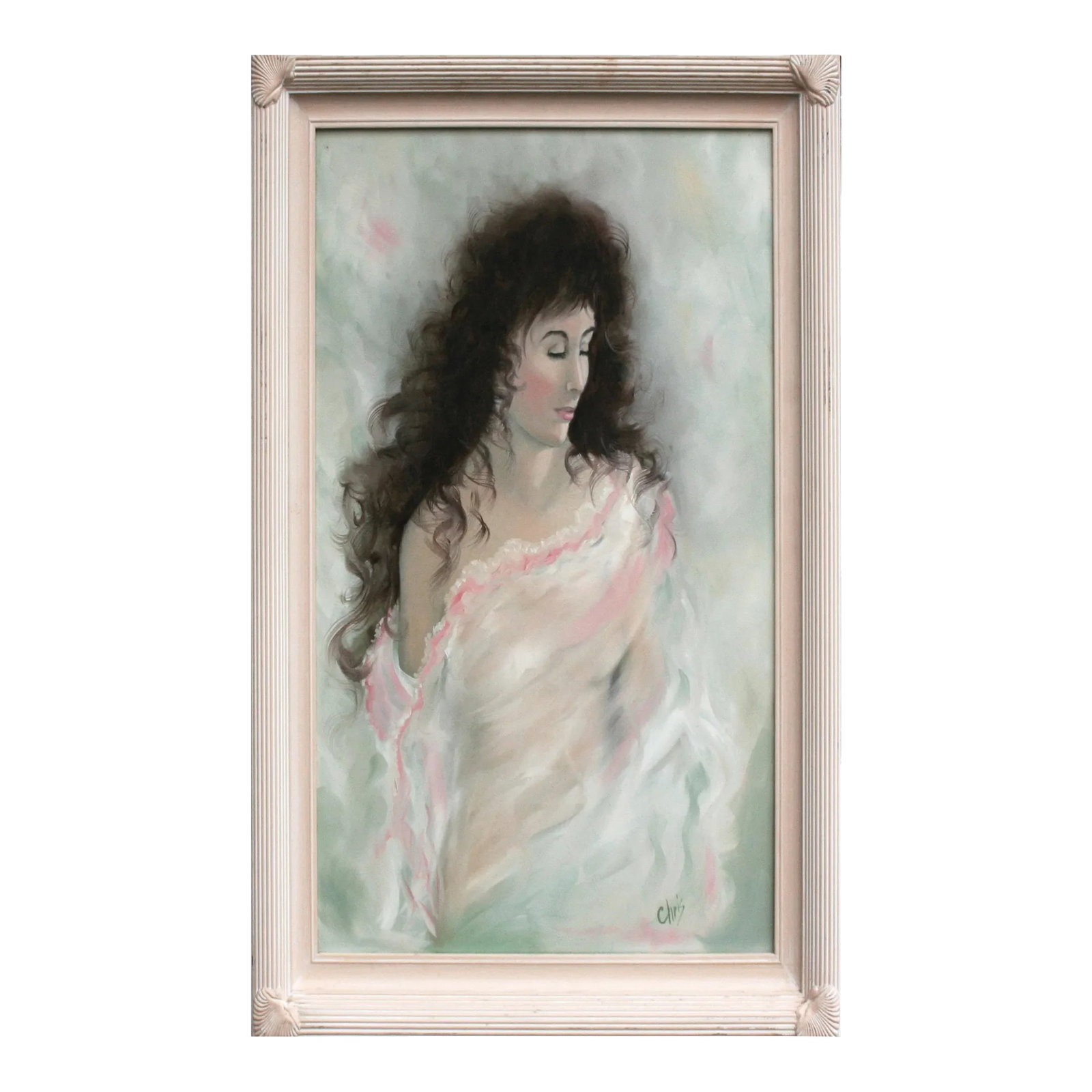 1990s Impressionist Style Portrait Painting of a Woman, Framed: Delicate portrait of a woman with flowing hair in soft, feminine tones and neutral background by an unknown artist. Signed "Chris" lower right. Presented in a peach colored painted wood frame. Image, 