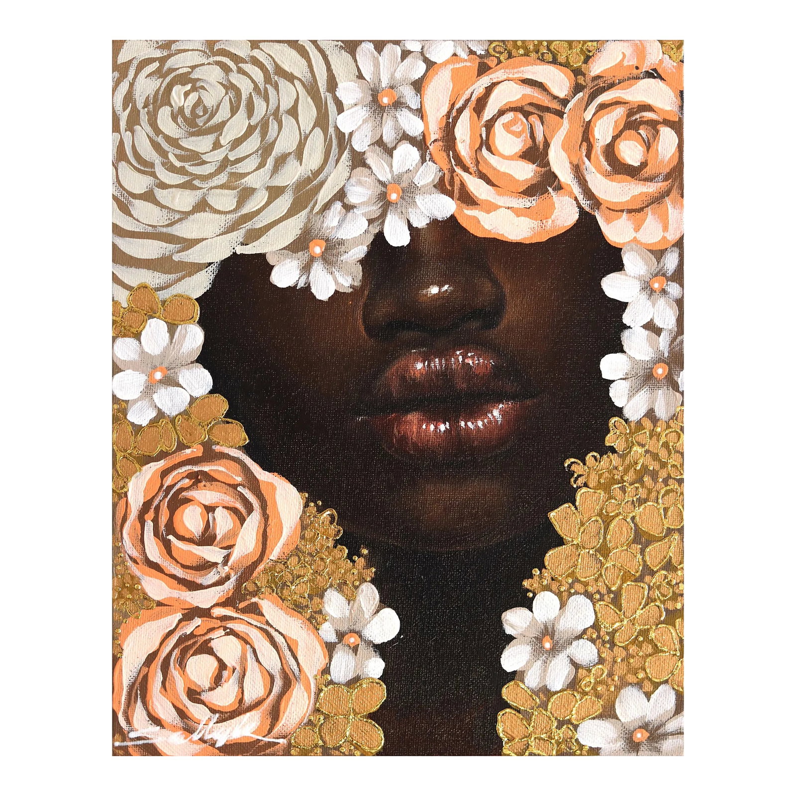 Gold Ii Original Artwork by Sally K: Gazing at Lebanese American artist Sally K's floral portrait is consuming and empowering. Inspired by strong, feminine women, she creates pop-realistic paintings that speak to the energetic female exp
