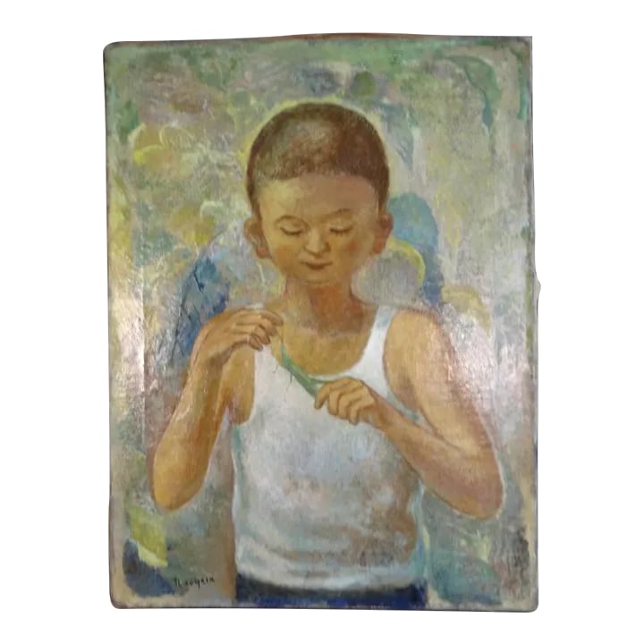 Mid 20th Century Naoyasu Harada "Boy and Locust" Oil Painting on Canvas: Pre-war or wartime Japanese painting of immense tenderness and charm. We are very grateful to our friends for deciphering the kanji which gave us the full name of the artist and the title he gave