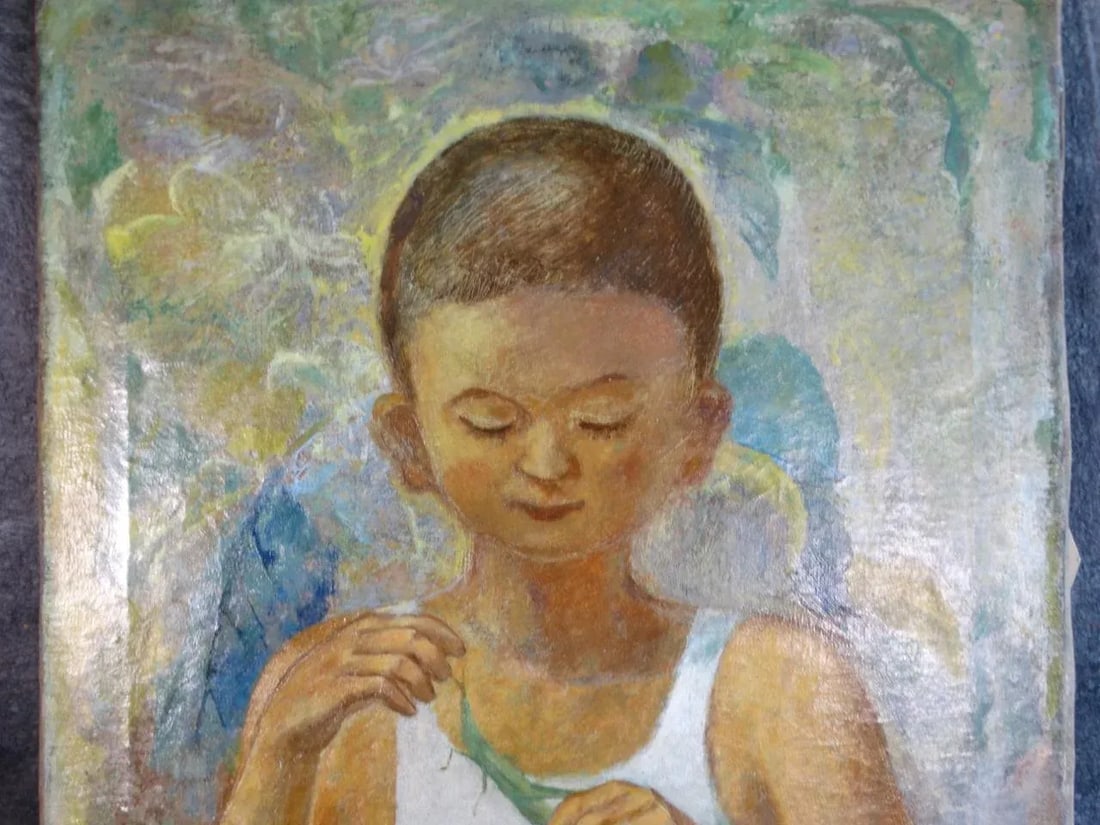 Mid 20th Century Naoyasu Harada "Boy and Locust" Oil Painting on Canvas - 2