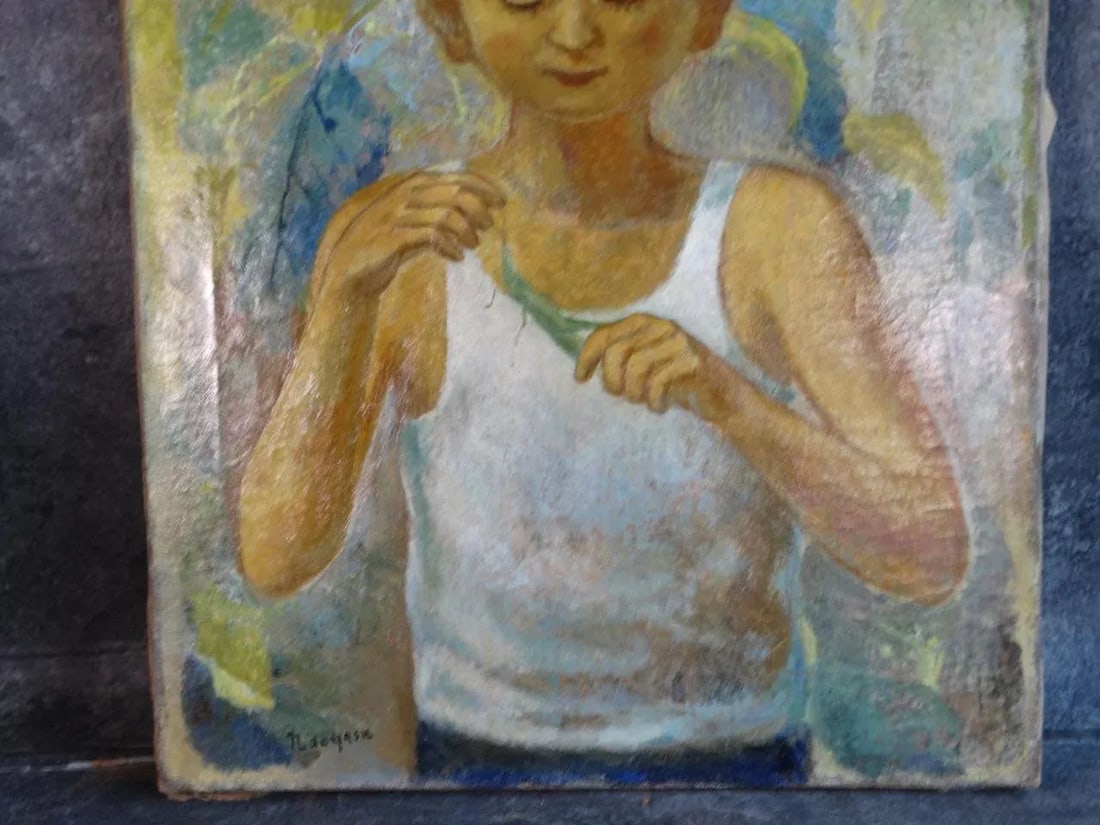 Mid 20th Century Naoyasu Harada "Boy and Locust" Oil Painting on Canvas - 4
