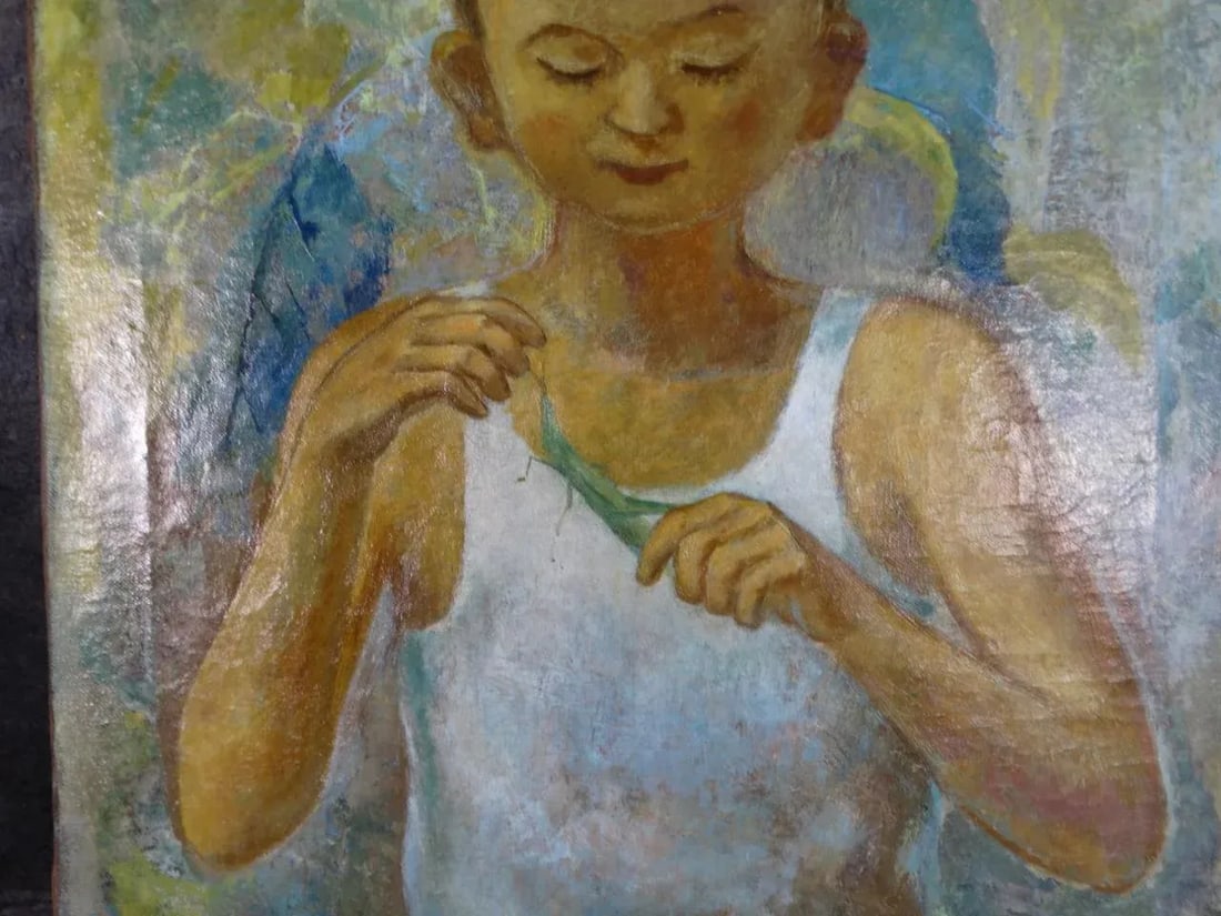 Mid 20th Century Naoyasu Harada "Boy and Locust" Oil Painting on Canvas - 5