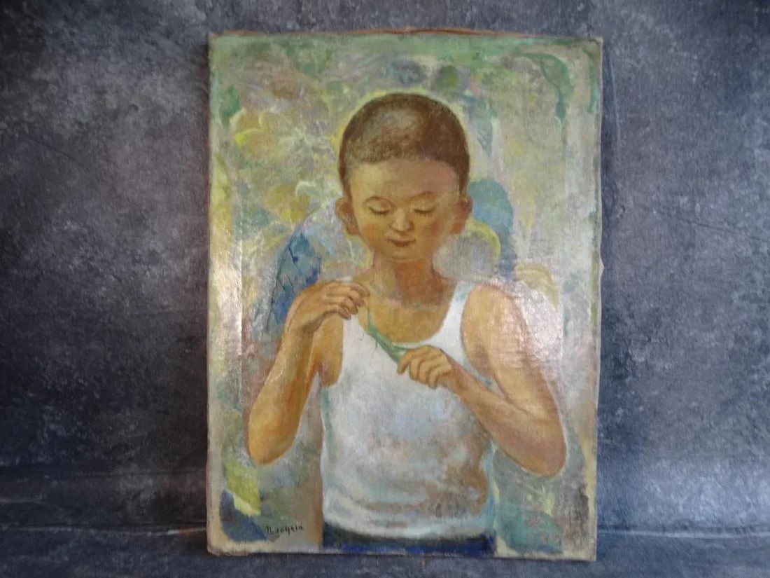 Mid 20th Century Naoyasu Harada "Boy and Locust" Oil Painting on Canvas - 7