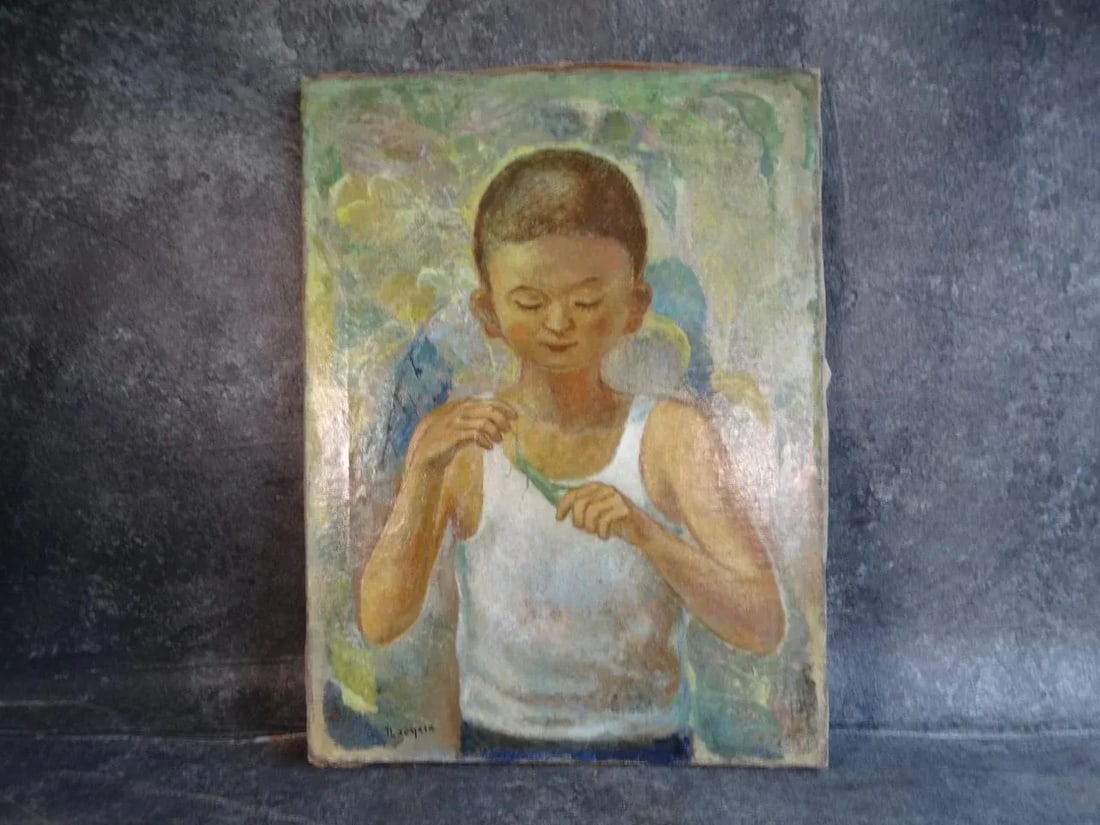 Mid 20th Century Naoyasu Harada "Boy and Locust" Oil Painting on Canvas - 8