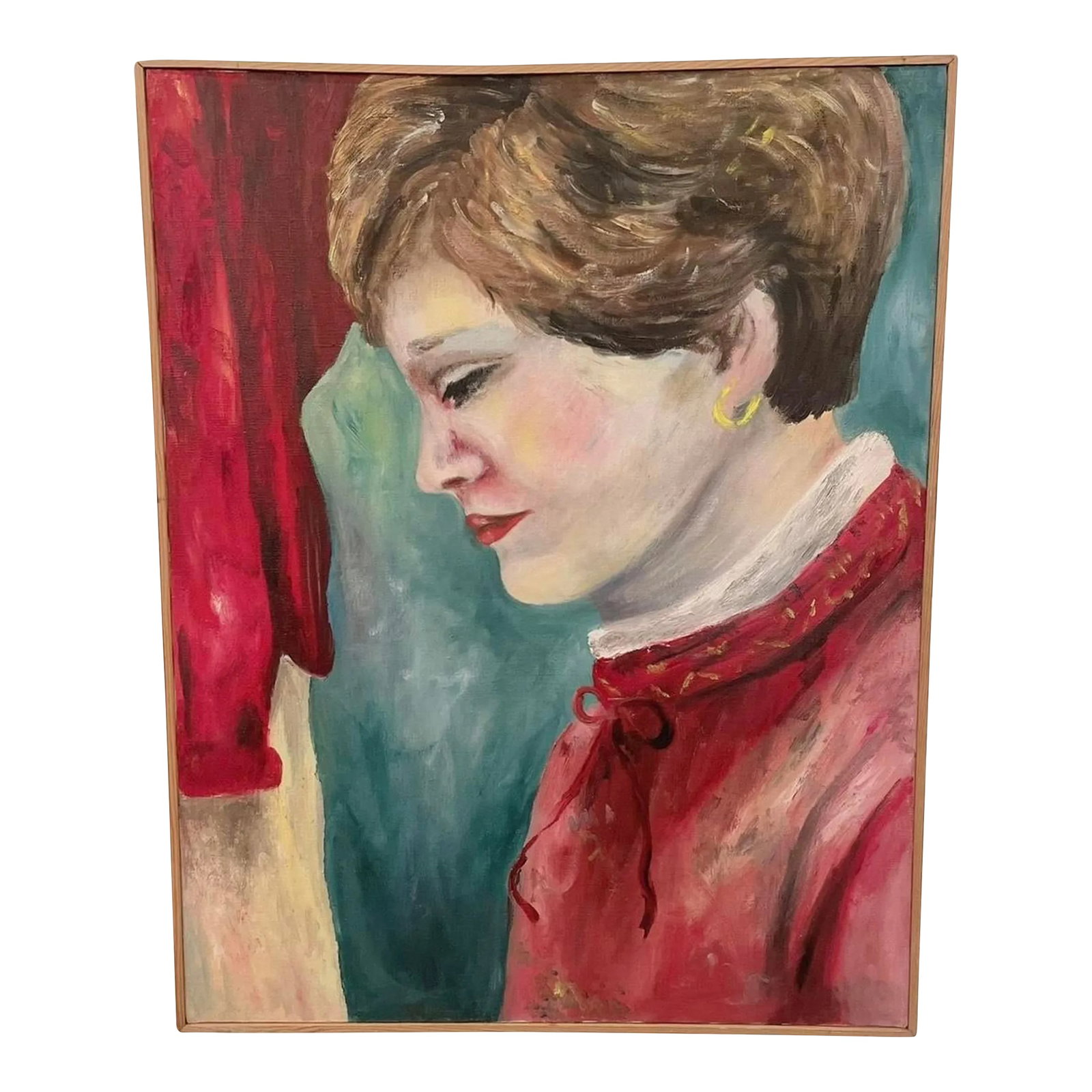 Impressionist Figurative Original Portrait Painting of a "Woman in Red" Midcentury: The painting depicts a woman, possibly about to step out from behind the red curtain onto a stage. Impressionist Figurative Portrait Painting of a "Woman in Red" This painting stopped me in my