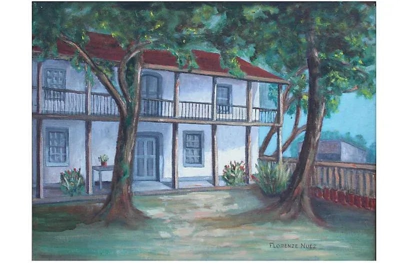 1950s "Old Spanish Garden" House Portrait Oil Painting by Florence Nuez, Framed - 2