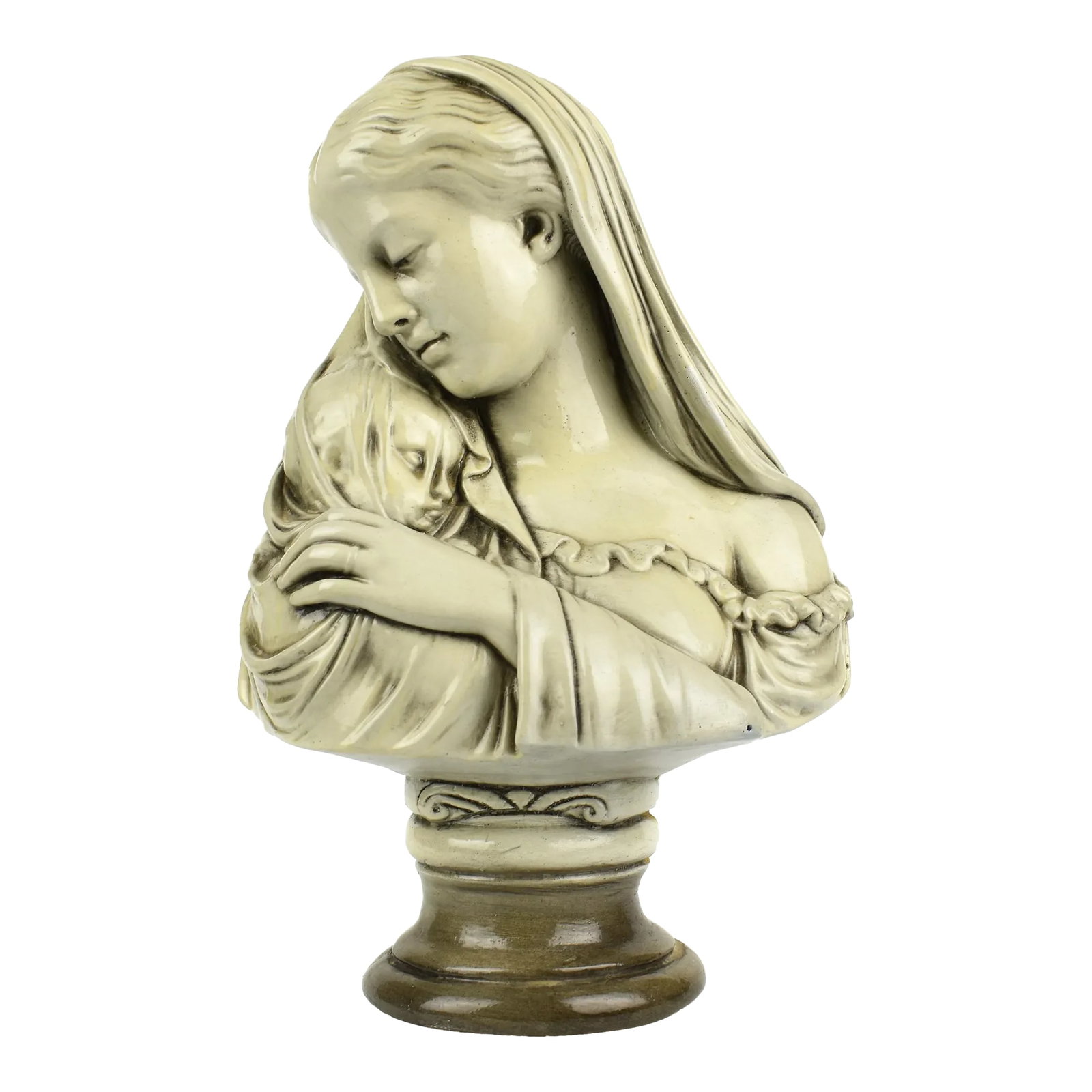 Mid-Century "The Mother" After Raffaele Monti 1871 Statue Sculpture: Ceramic "The Mother" after Italian Sculptor Raffaele Monti 1871 art work Pedestal Sculpture. A veiled mother cuddling her child beneath a diaphanous veil. Raffaele Monti was a sculptor, author and