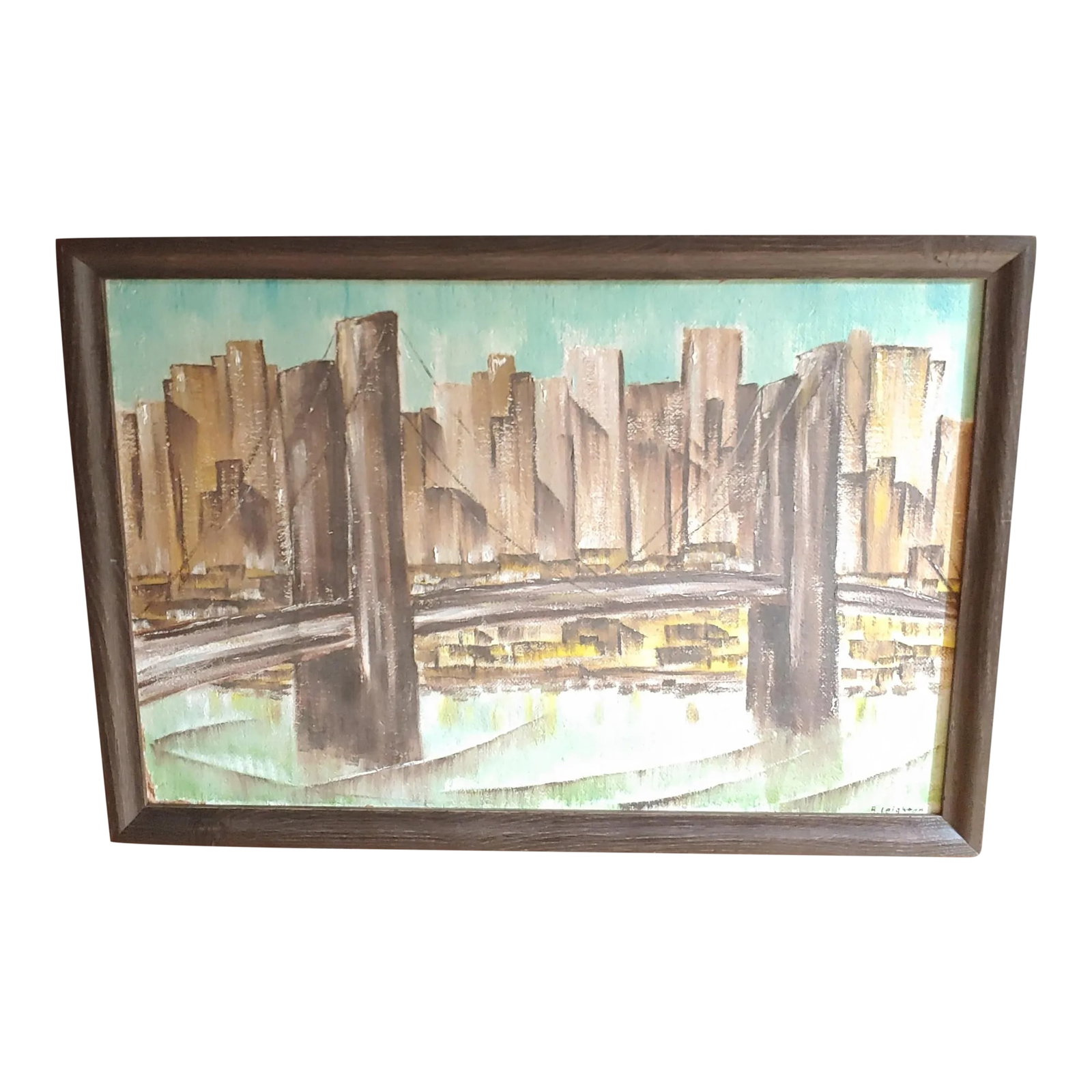 1950s Skyline Cityscape Oil on Board Painting, Framed: Here's a Mid-20th Century oil on board that has been recently framed in a nice dark hardwood frame. The cityscape is Impressionistic and indicative of illustrative works from the late 1940s to early 1