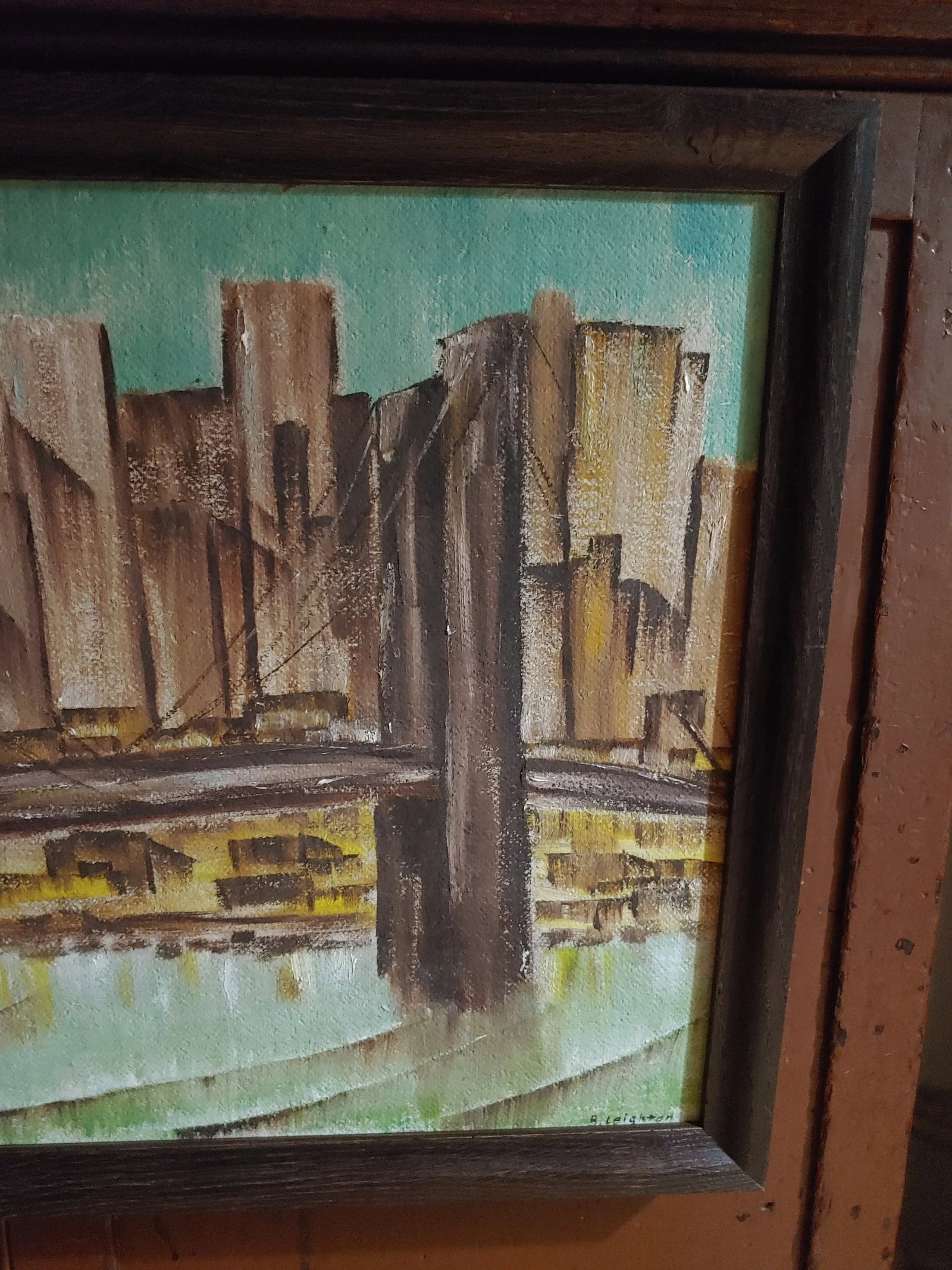 1950s Skyline Cityscape Oil on Board Painting, Framed - 2