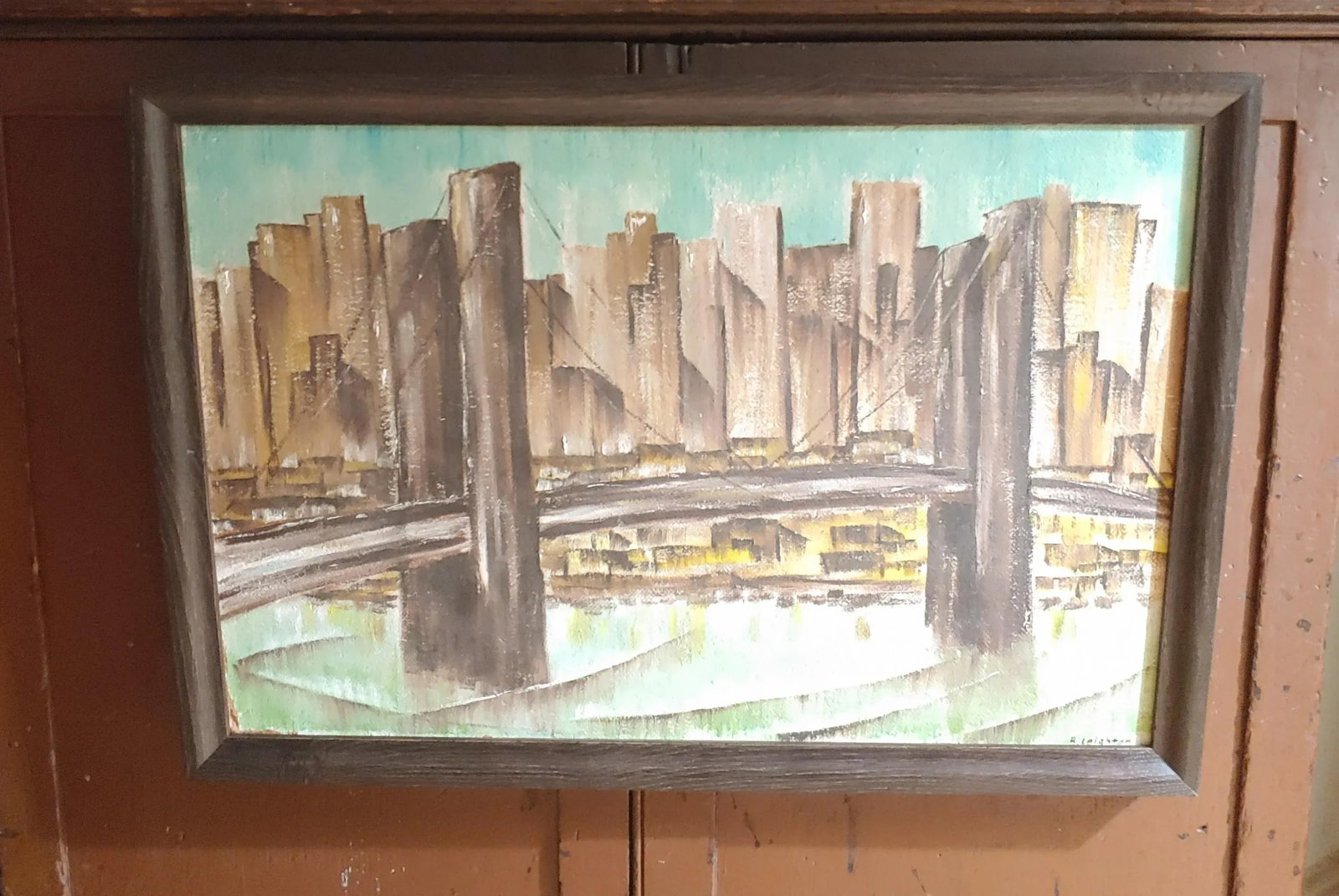 1950s Skyline Cityscape Oil on Board Painting, Framed - 6