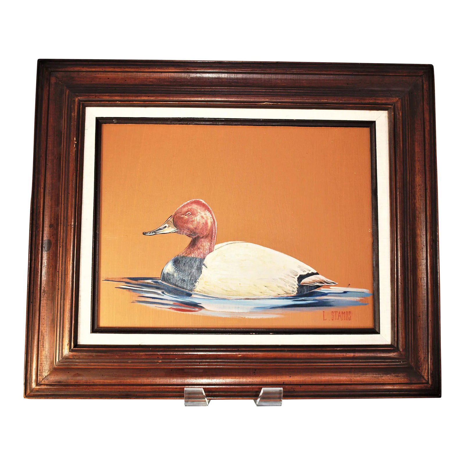 Contemporary Painting of a Wild Duck by Luke Stamos: A contemporary painting of a wild duck painted on board. Artist is Luke Stamos. Measures: overall 23 1/2" x 19 1/2", painting 16" x 12". Good condition, no damage; see photos. Luke Stamos graduated fr