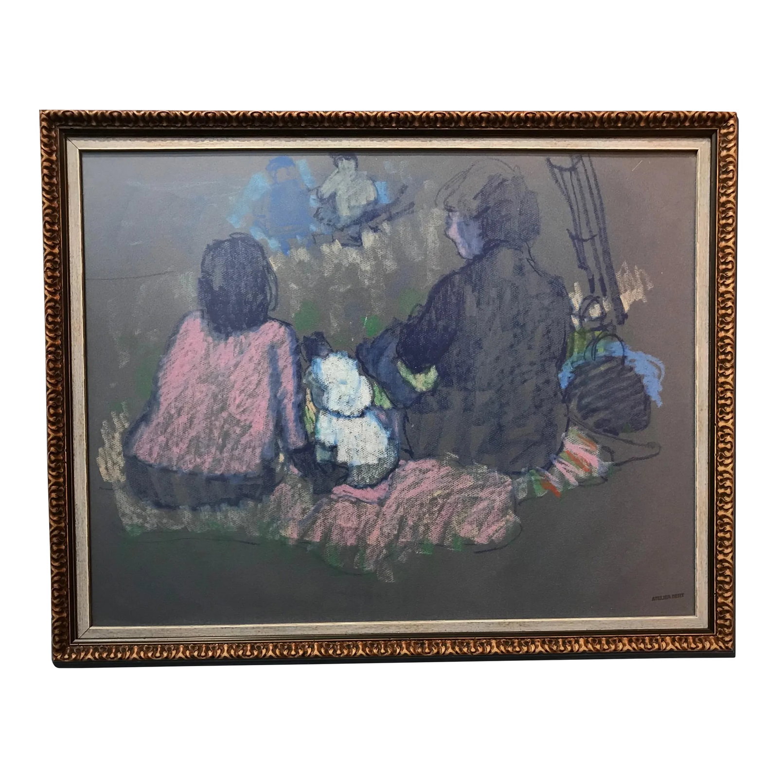 Family Picnic Pastel Drawing on Toned Paper, Estate Stamped "Atelier Bert" (Pascal Bert) (1 of 5)