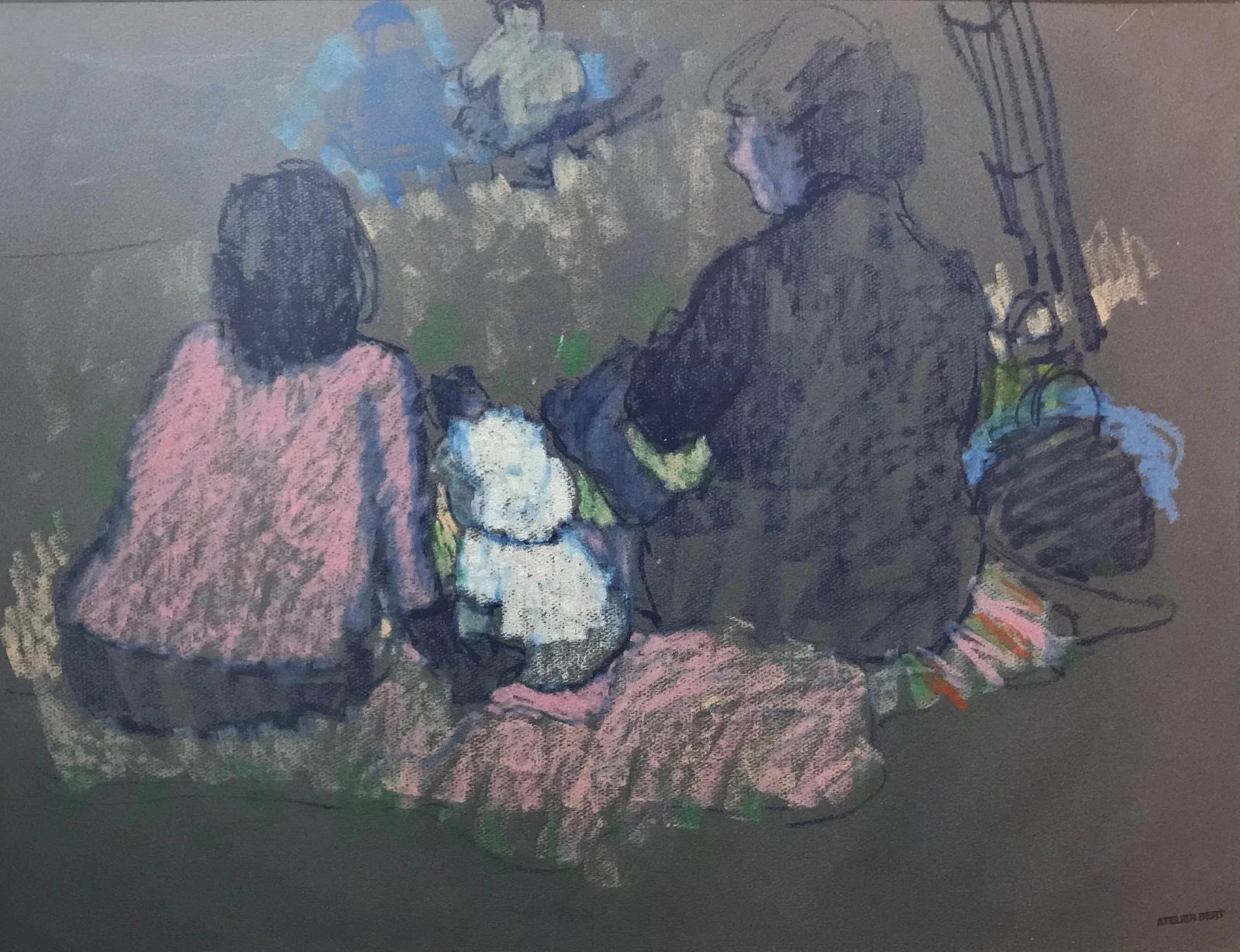 Family Picnic Pastel Drawing on Toned Paper, Estate Stamped "Atelier Bert" (Pascal Bert) - 2