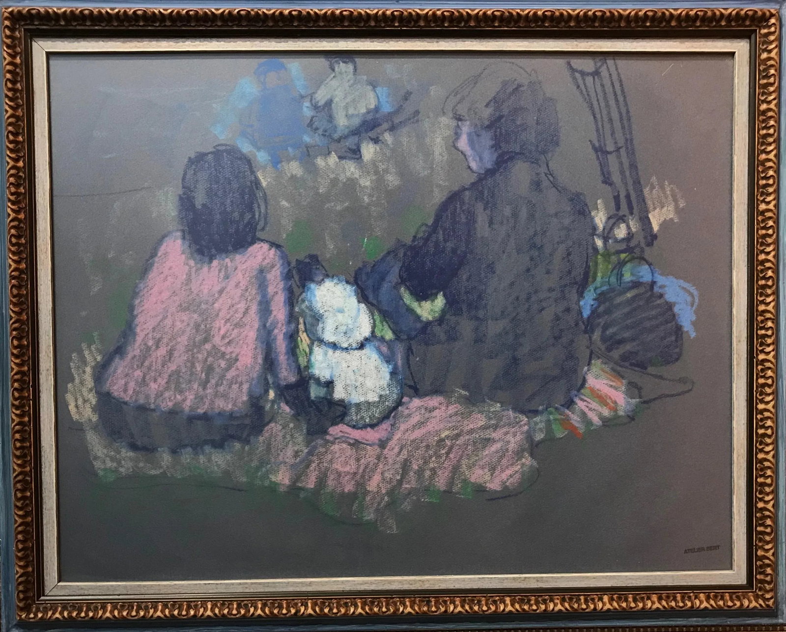 Family Picnic Pastel Drawing on Toned Paper, Estate Stamped "Atelier Bert" (Pascal Bert) - 4