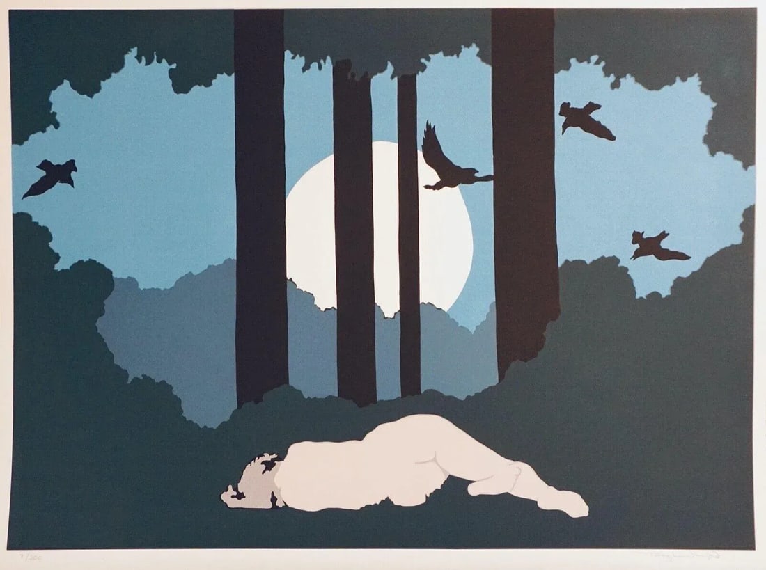 1978 Daphne Mumford "Moonlight" Minimalist Figurative Landscape Numbered Screenprint: Artist: Daphne Mumford Title: Moonlight Medium: Screenprint Signed: Hand Signed Edition: From the edition of 200 Measurements: 30" x 22" Year: 1978 Note: This piece is sold UNFRAMED Condition: