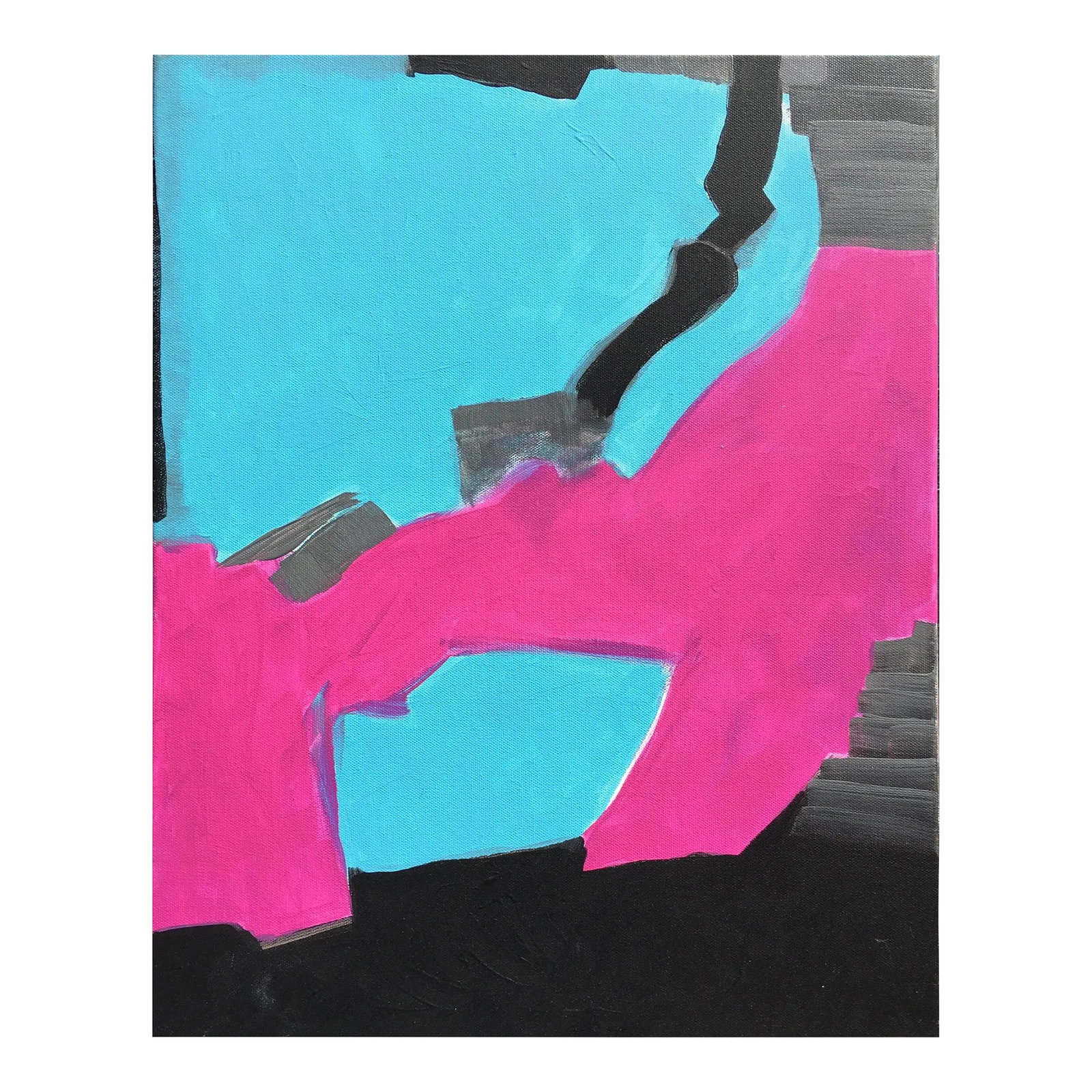 Original Abstract Painting "Pink, Black, Gray" in Acrylic on Canvas by Cl Auker: A bold take on color and composition. Inspired by modernism and the coast. Wired to hang, sides are black. Certificate of Authenticity included. Cassandra Linnea Auker is a professional artist who