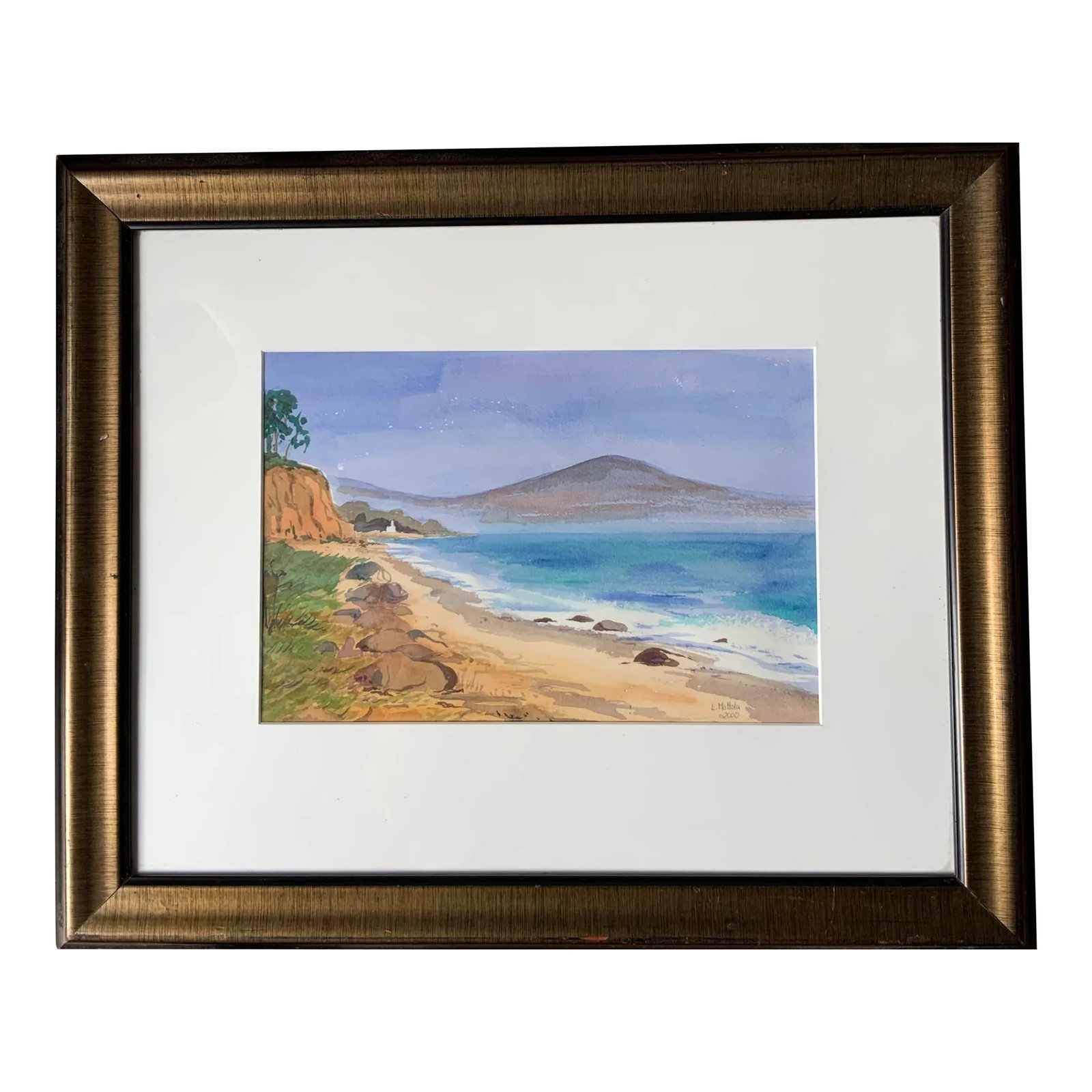 Circa 1990 "Seascape Along the Shore" Watercolor Painting by Artist L. Mottola: This serene water color by artist L.. Mottola evokes a feeling of peace. Condition: Alterations: Original Condition Unaltered Imperfections: Some Imperfections Condition Notes: Good condition some
