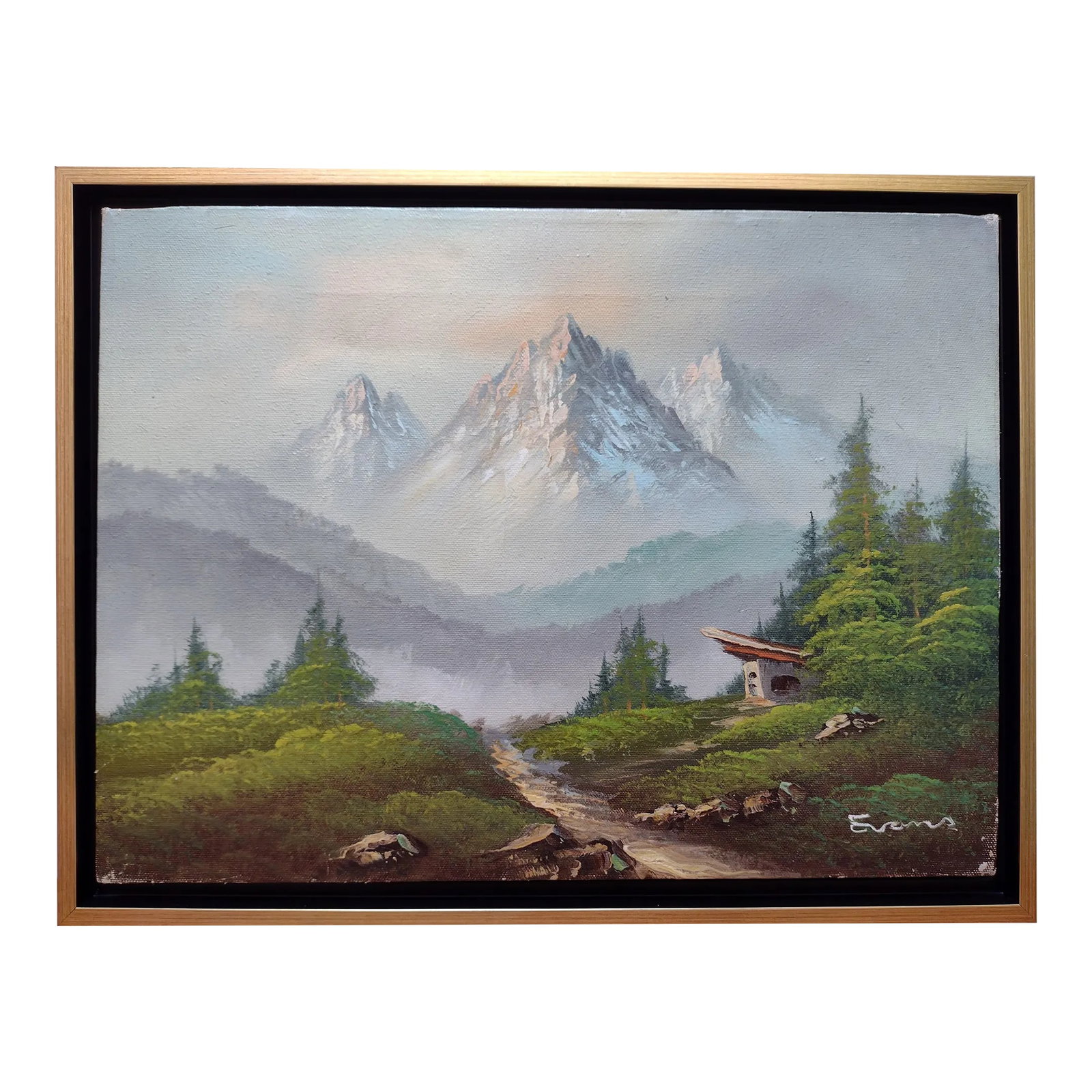 Vintage Impressionist Landscape Snowy Mountains Woods Acrylic on Canvas Framed 12x16: This is a lovely mid 20th century impressionist landscape of a fairy tale setting with snowy mountains above a forest and small cabin. It is acrylic on canvas and it's Evans. It is framed in a new