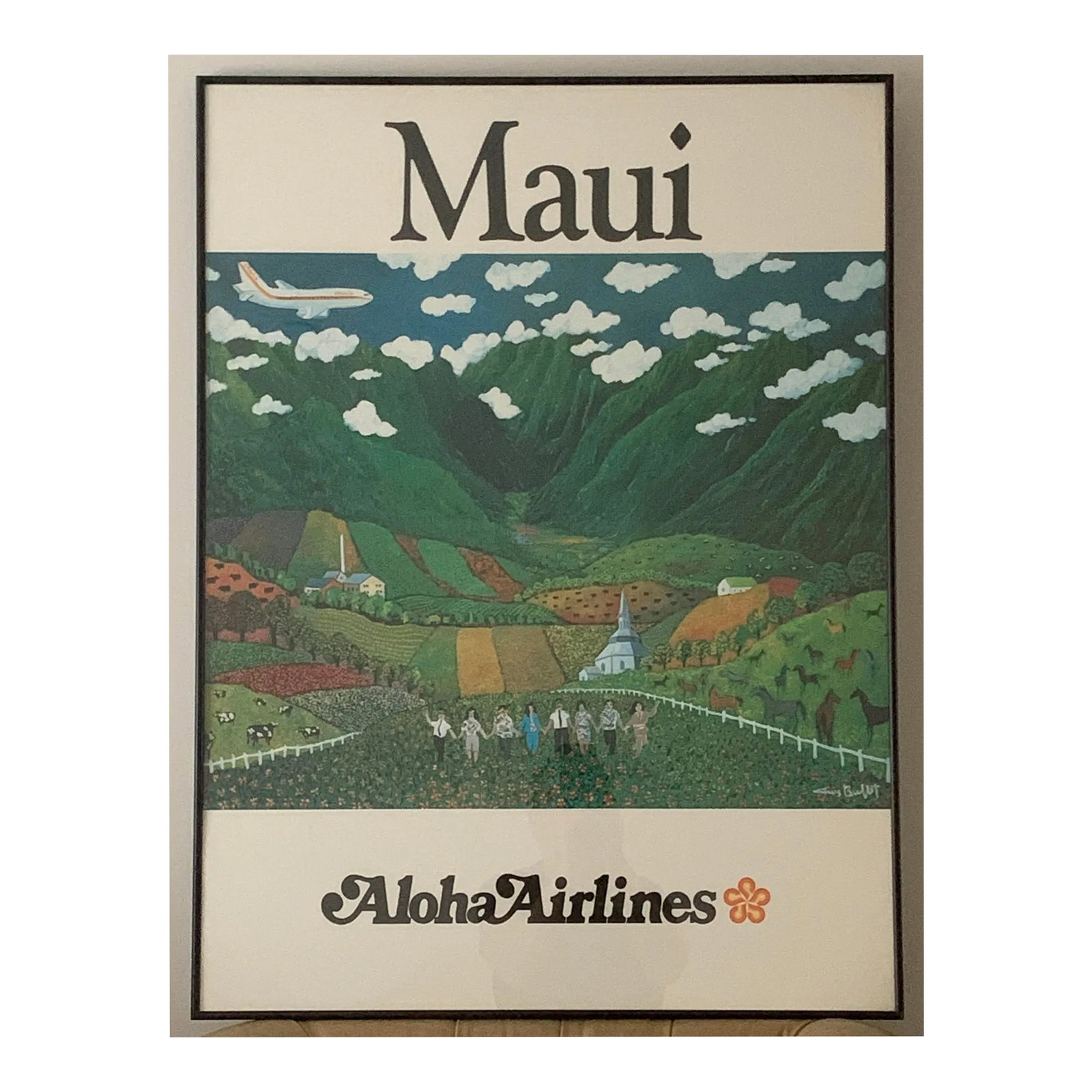 Vintage Maui Aloha Airlines Guy Buffet Poster Print Hawaii, Framed: Vintage airline marketing poster by Guy Buffet for Aloha Airlines celebrating the beauty and people of Maui. Printed directly on foam core for travel industry display. Framed in a contemporary black
