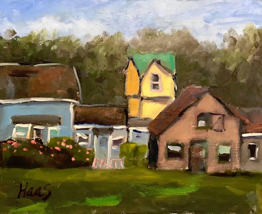 Mendocino Village, Original Oil Painting Modern Impressionism by L Haas: Quiet Places & Coastal - Mendocino Village Original oil painting by L. Haas, 8 x 10 in unframed masonite board, signed. Part of a series of coastal works, this piece was painted en plein air in the
