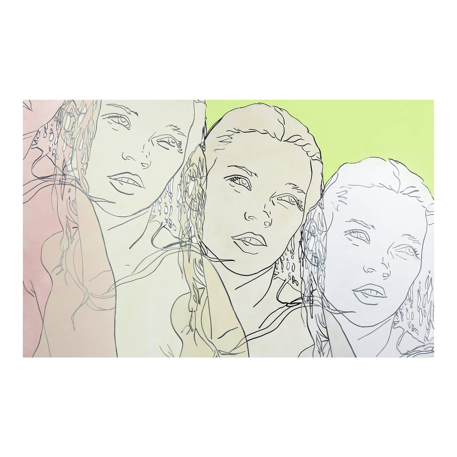 Untitled (Green, Pink, Ivory, Pearl Kate) - Original Figurative Artwork for Sale on Canvas by Hilary: In bold, acrylic line paintings, US artist Hilary Bond depicts the heads and torsos of women, often repeating the image in overlapping compositions. Her contemporary groups of pop culture portraits an