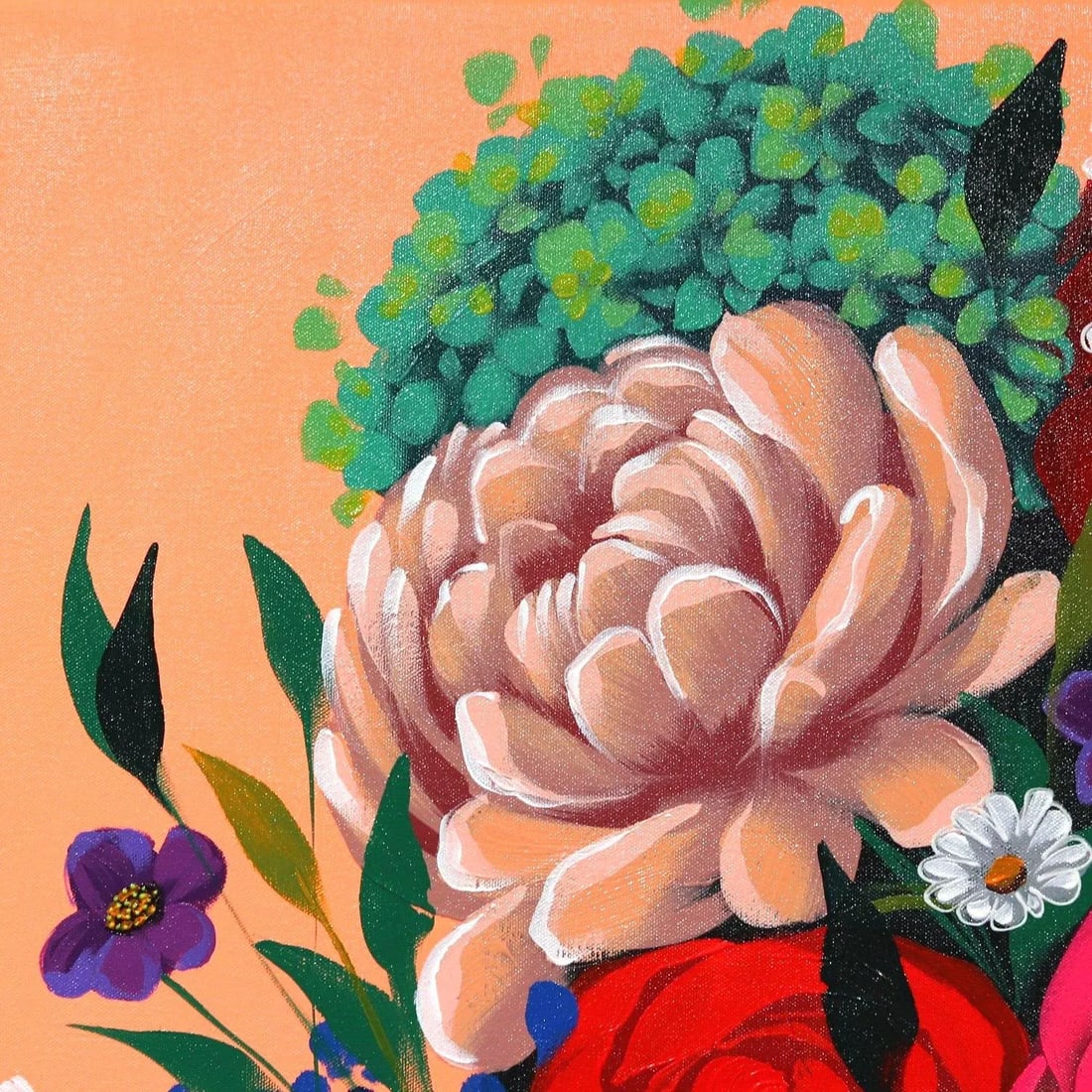 Floral Figurative Contemporary Painting "Peach Fluo" Original Artwork by Sally K - 2