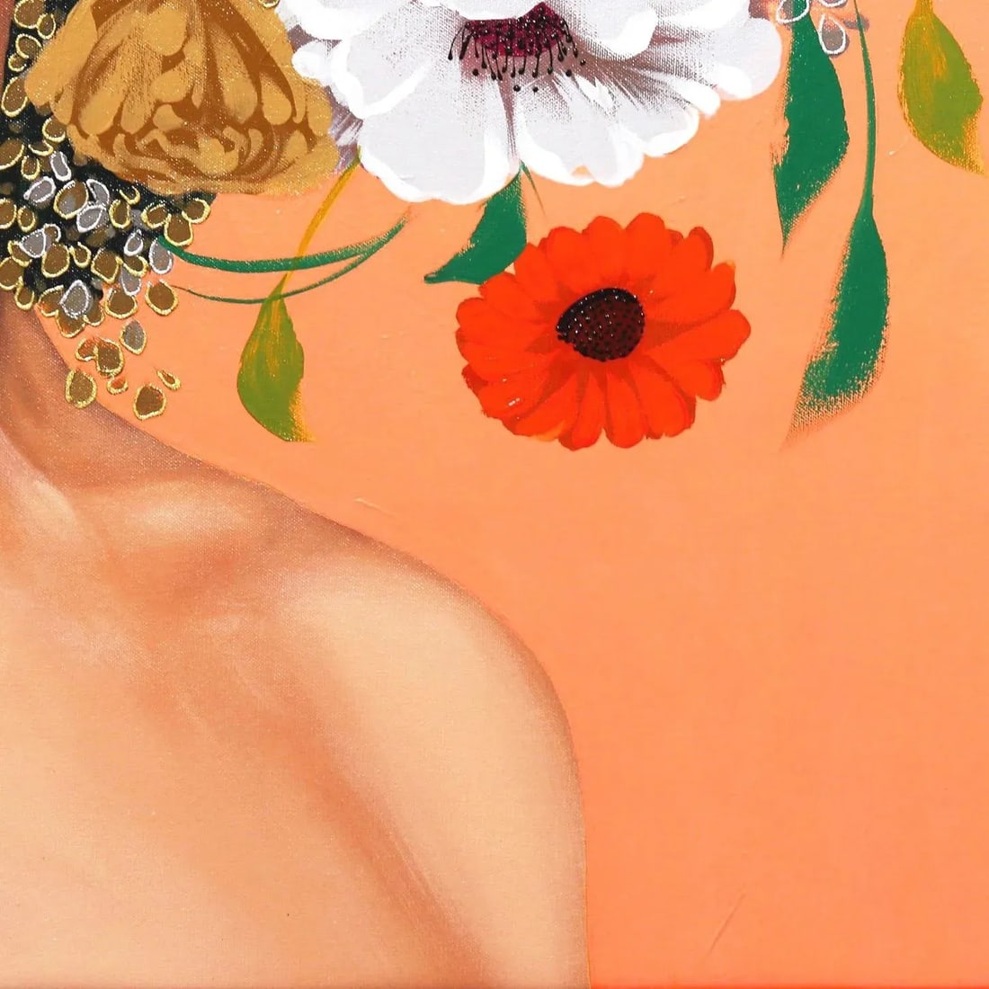 Floral Figurative Contemporary Painting "Peach Fluo" Original Artwork by Sally K - 7