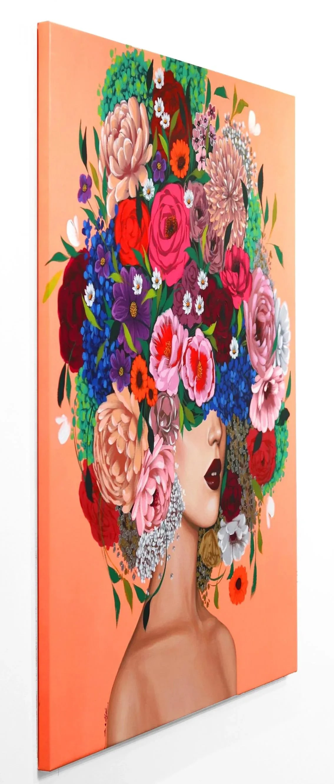 Floral Figurative Contemporary Painting "Peach Fluo" Original Artwork by Sally K - 8